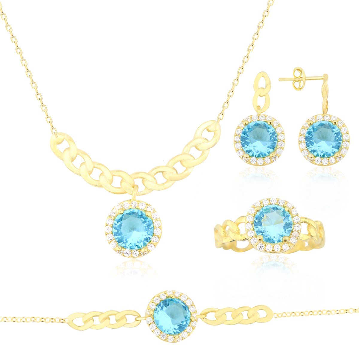 925 Ayar Gümüş Turkuaz Taş Takı Seti Altın Kaplama Zincir Detay