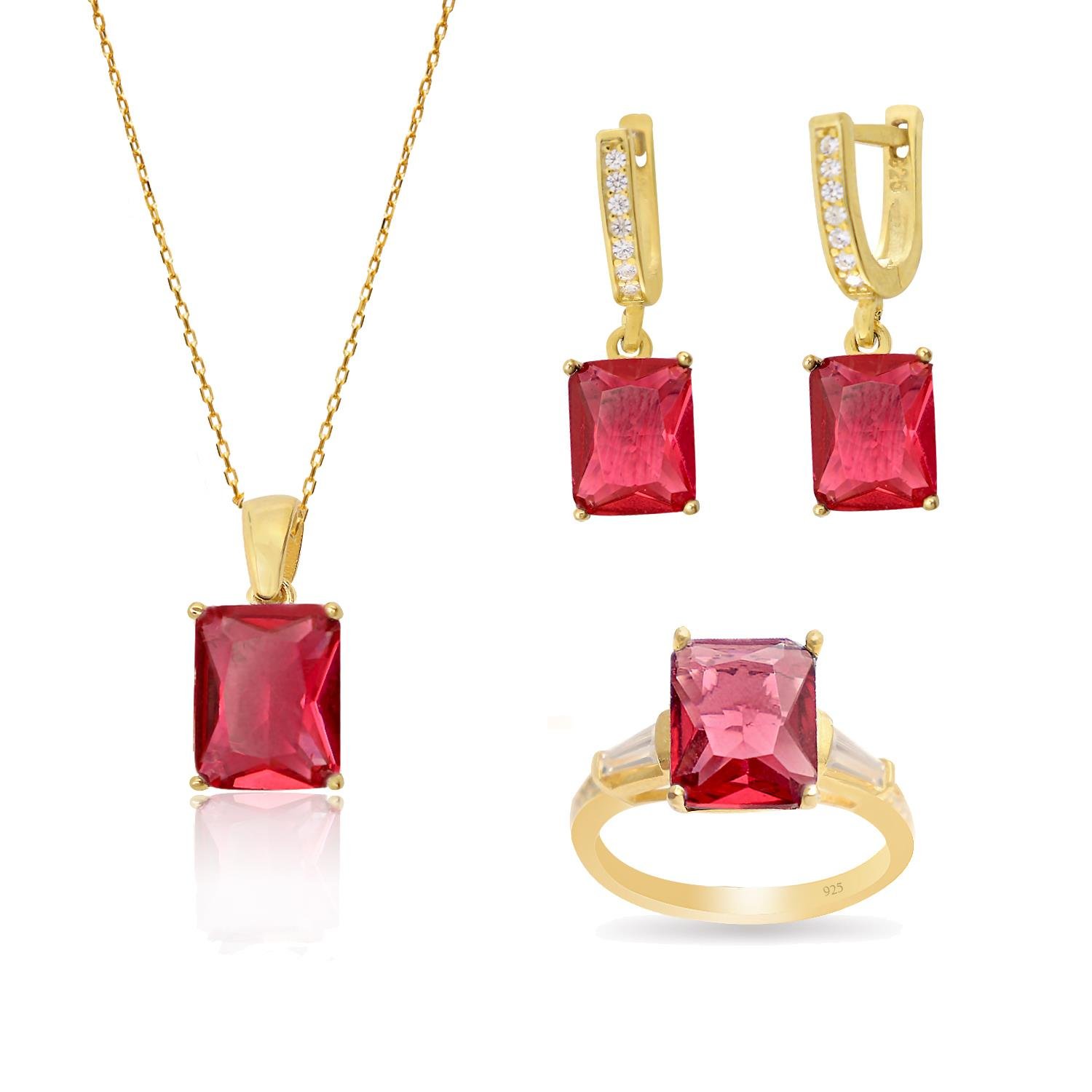 925 Ayar Gümüş Yakut Kırmızısı Baget Takı Seti
