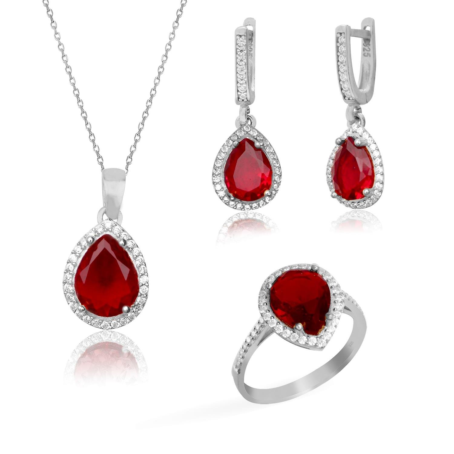 925 Ayar Gümüş Yakut Kırmızısı Su Damlası Takı Seti
