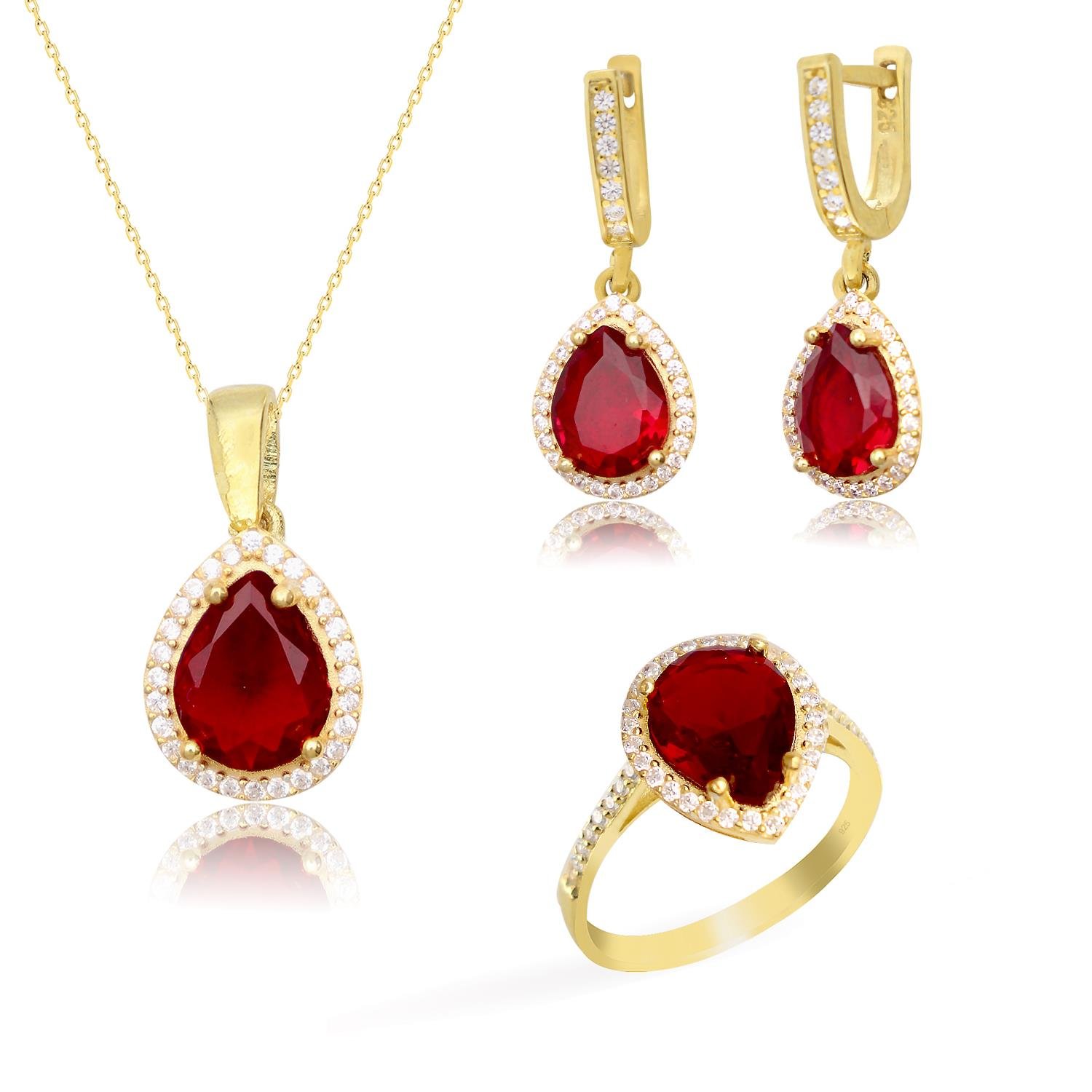 925 Ayar Gümüş Yakut Kırmızısı Su Damlası Takı Seti