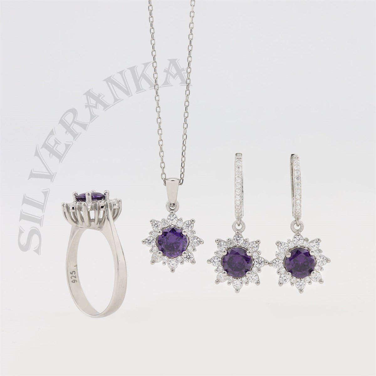 925 Ayar Gümüş Yuvarlak Ametist Taşlı Anturaj Set