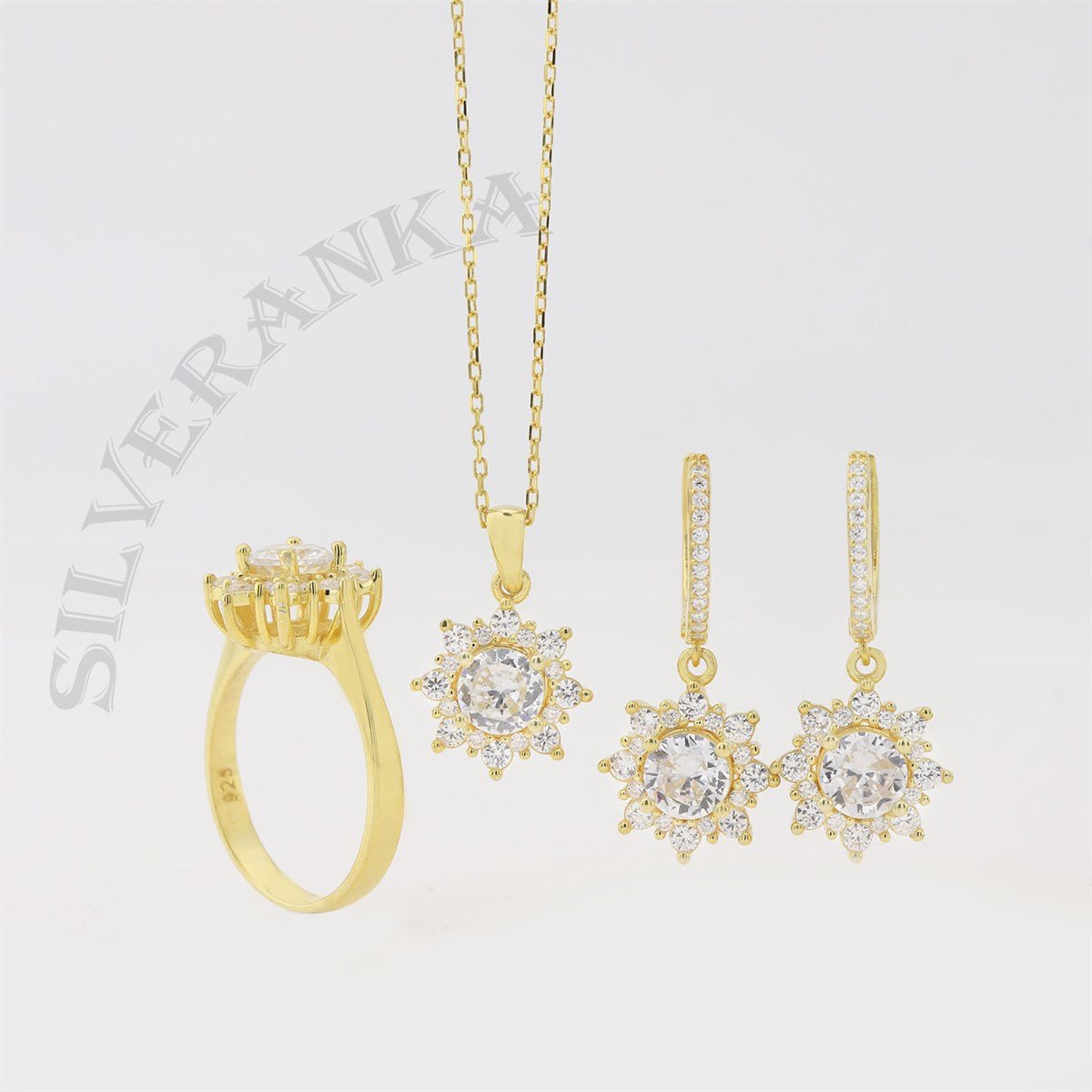 925 Ayar Gümüş Yuvarlak Beyaz Taşlı Anturaj Set