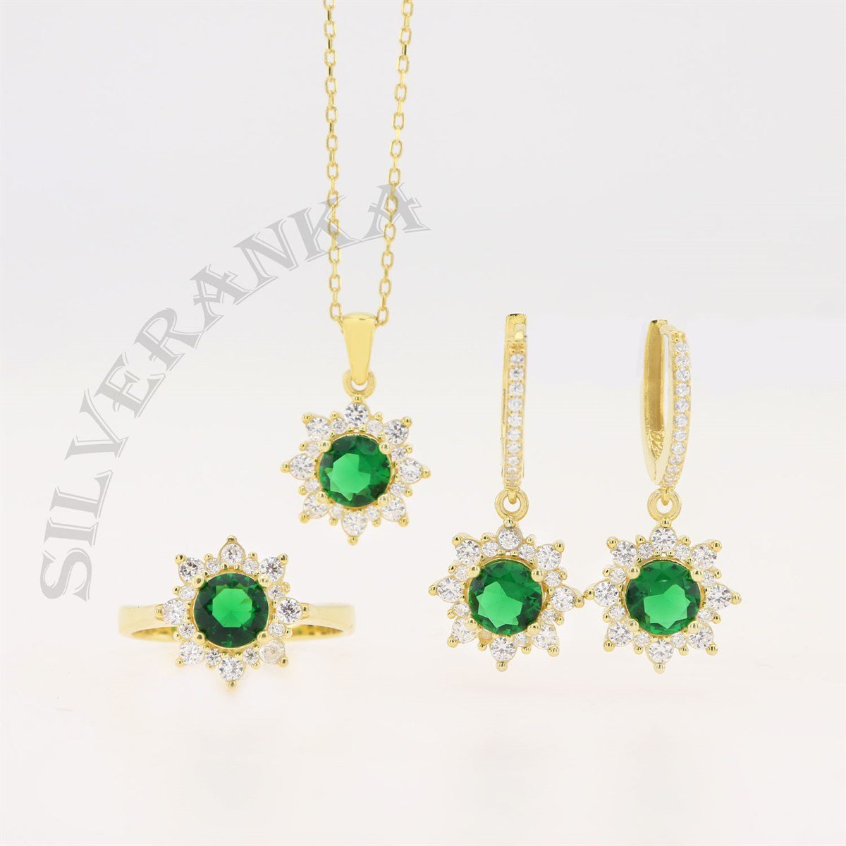 925 ayar Gümüş Yuvarlak Zümrüt Yeşili Gold Anturaj Set