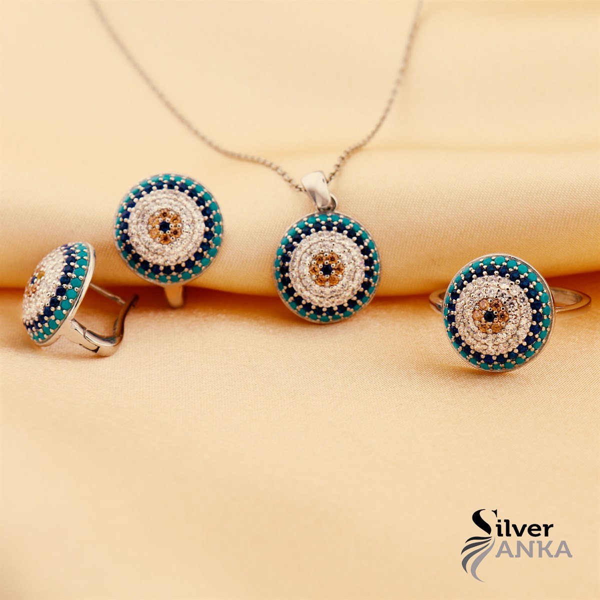 925 Ayar Gümüş Zirkon Taşlı Nazar Set