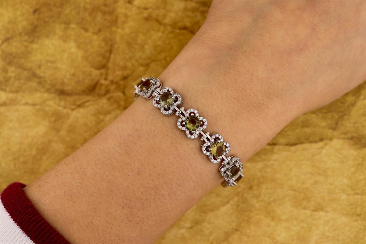 925 Ayar Gümüş Zultanit Taş Çiçek Model Gümüş Bileklik