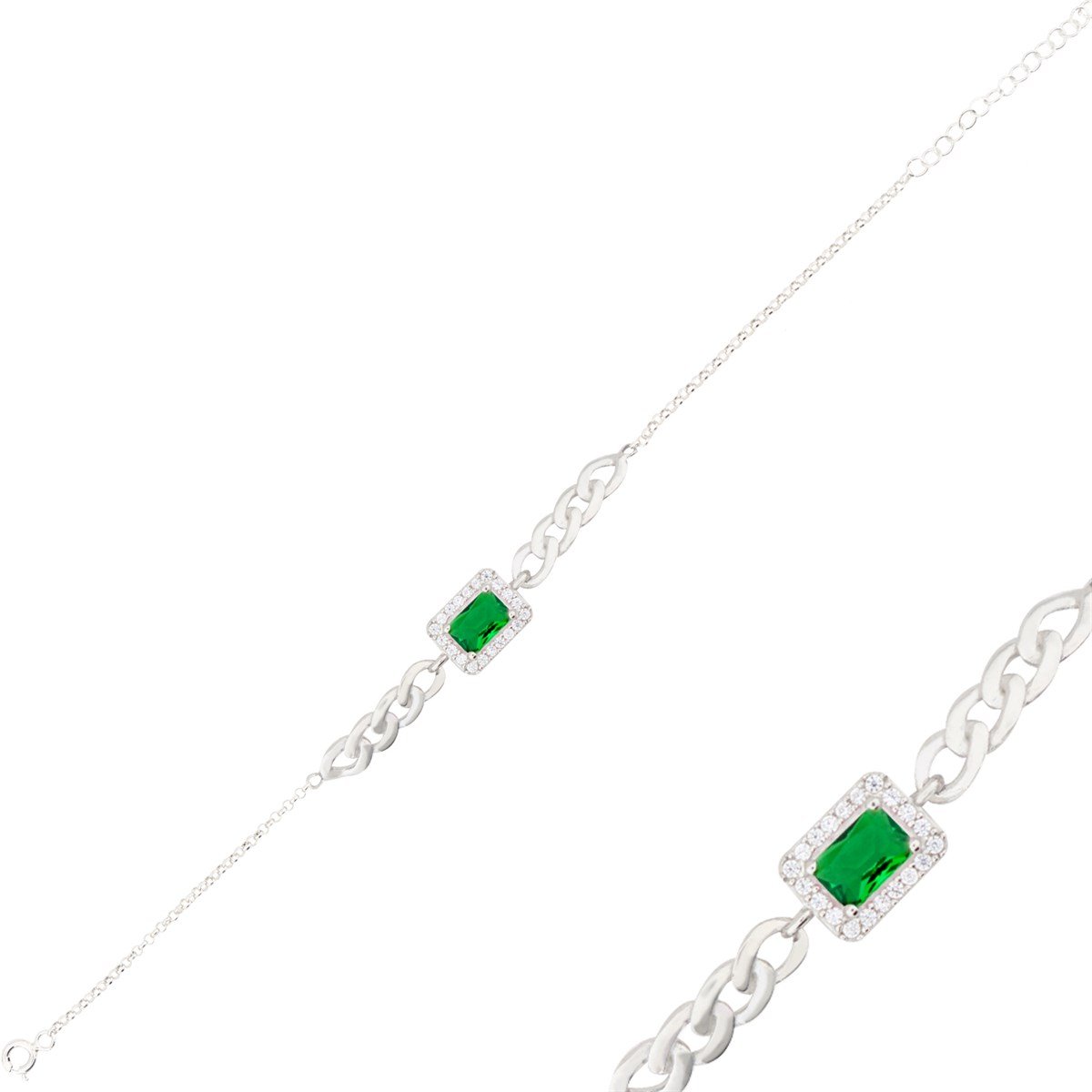 925 Ayar Gümüş  Zümrüt Baget Takı Seti Zincir Detay