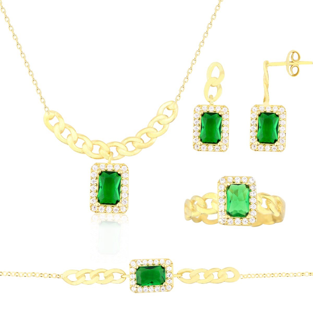 925 Ayar Gümüş Zümrüt Baget Takı Seti Zincir Detay