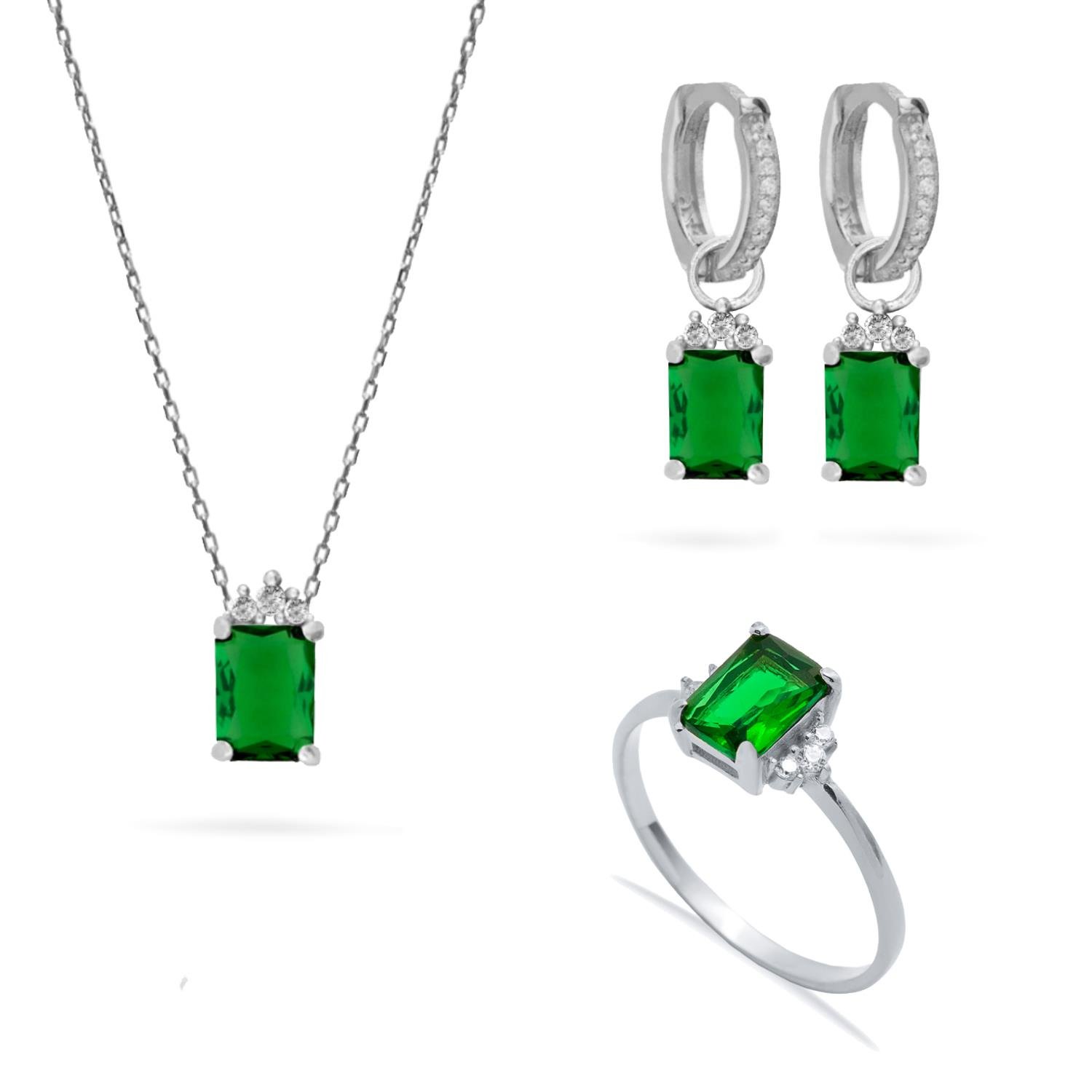 925 Ayar Gümüş Zümrüt Baget Taşlı Trend Takı Seti