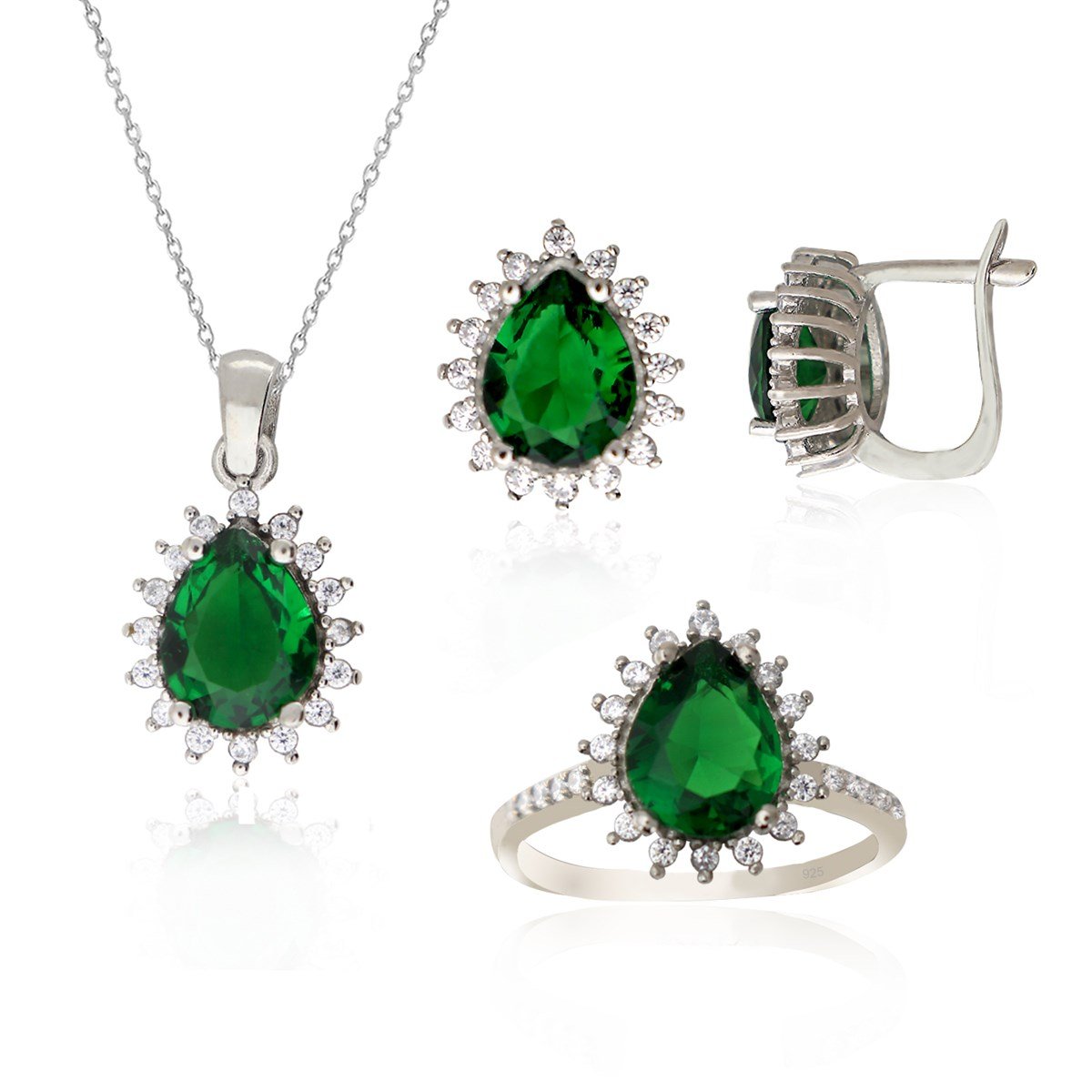 925 Ayar Gümüş Zümrüt Damla Taşlı Takı Seti