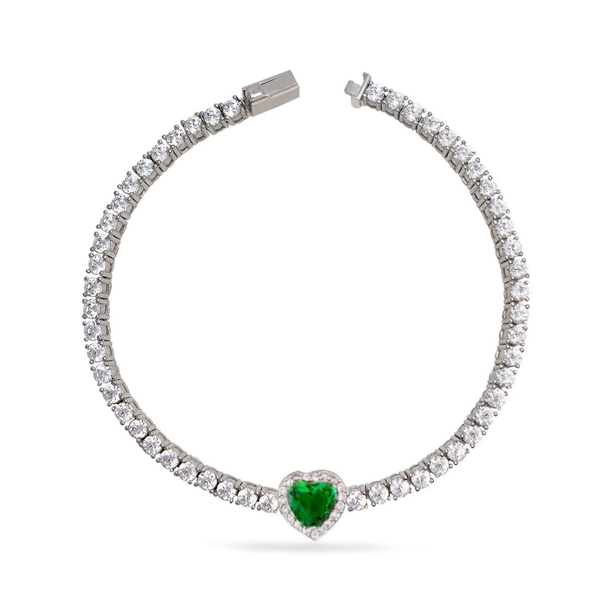 925 Ayar Gümüş Zümrüt Kalp Detaylı Su Yolu Gümüş Bileklik