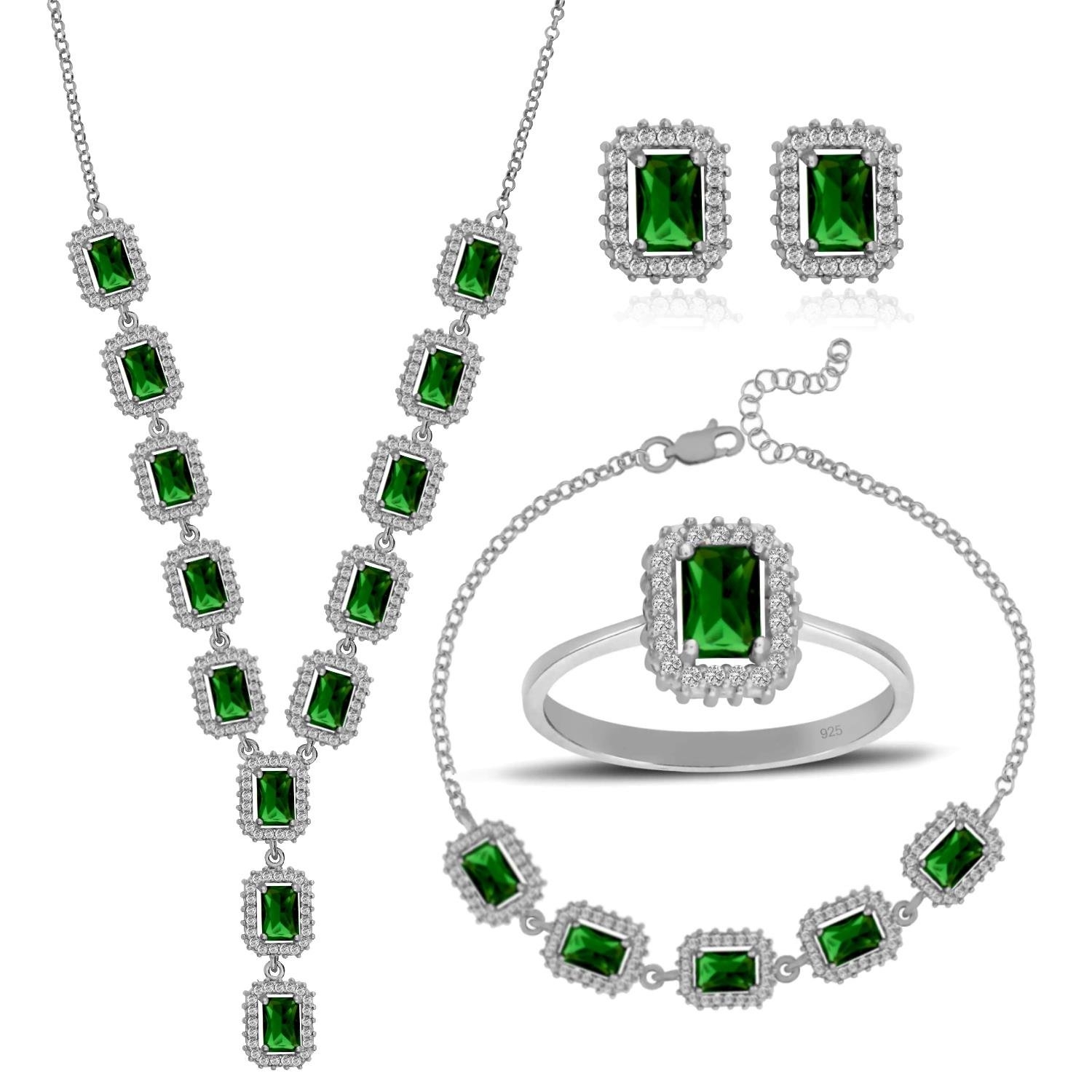 925 Ayar Gümüş Zümrüt Kare Taşlı Pırlanta Montür Kolye