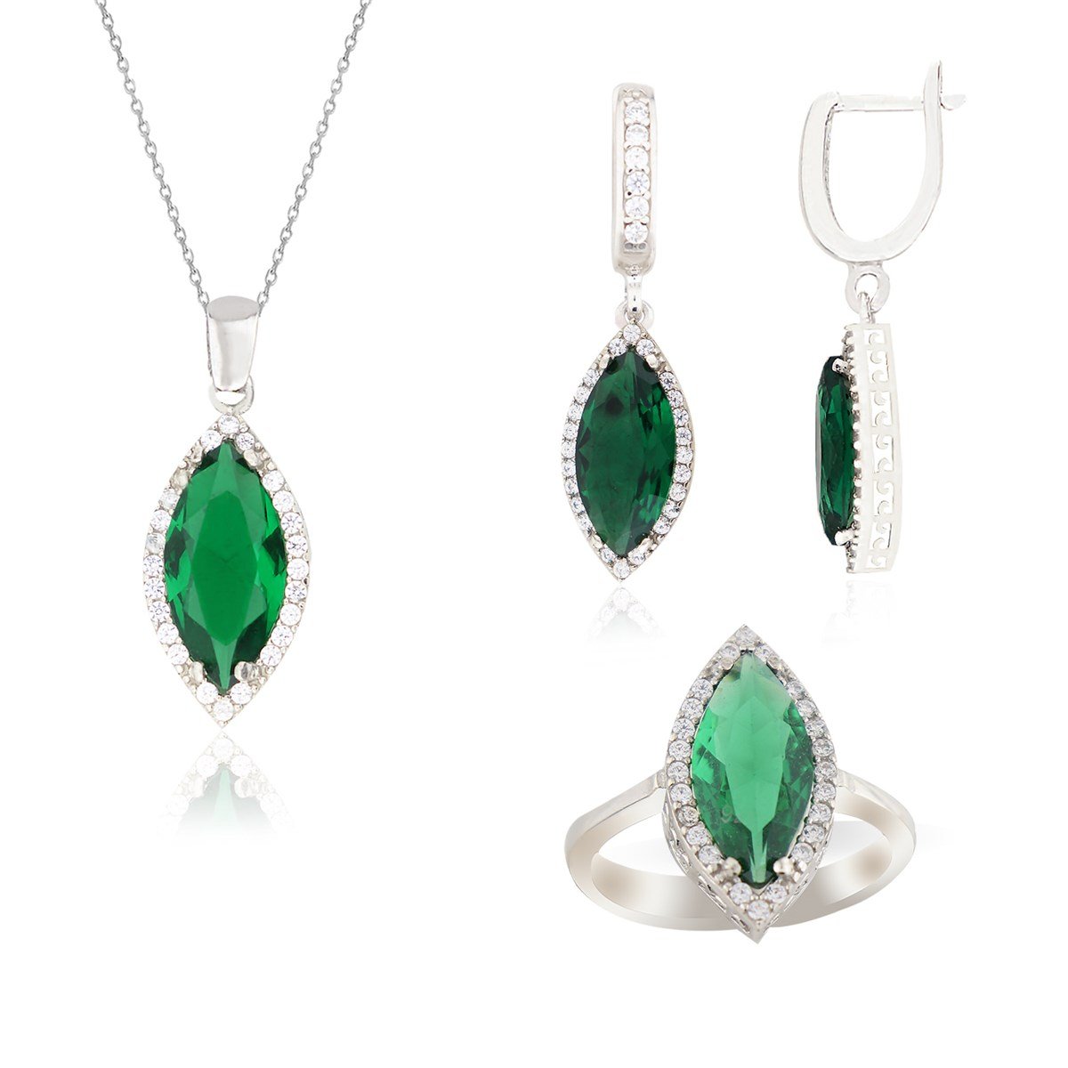925 Ayar Gümüş Zümrüt Markiz Takı Seti