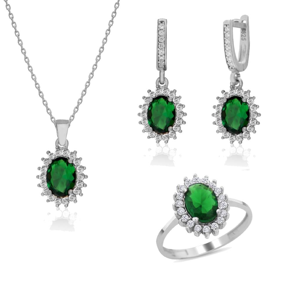 925 Ayar Gümüş Zümrüt Oval Anturaj Takı Seti