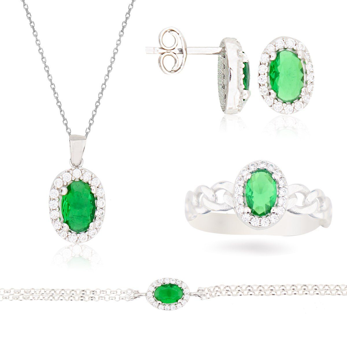 925 Ayar Gümüş Zümrüt Oval Takı Seti