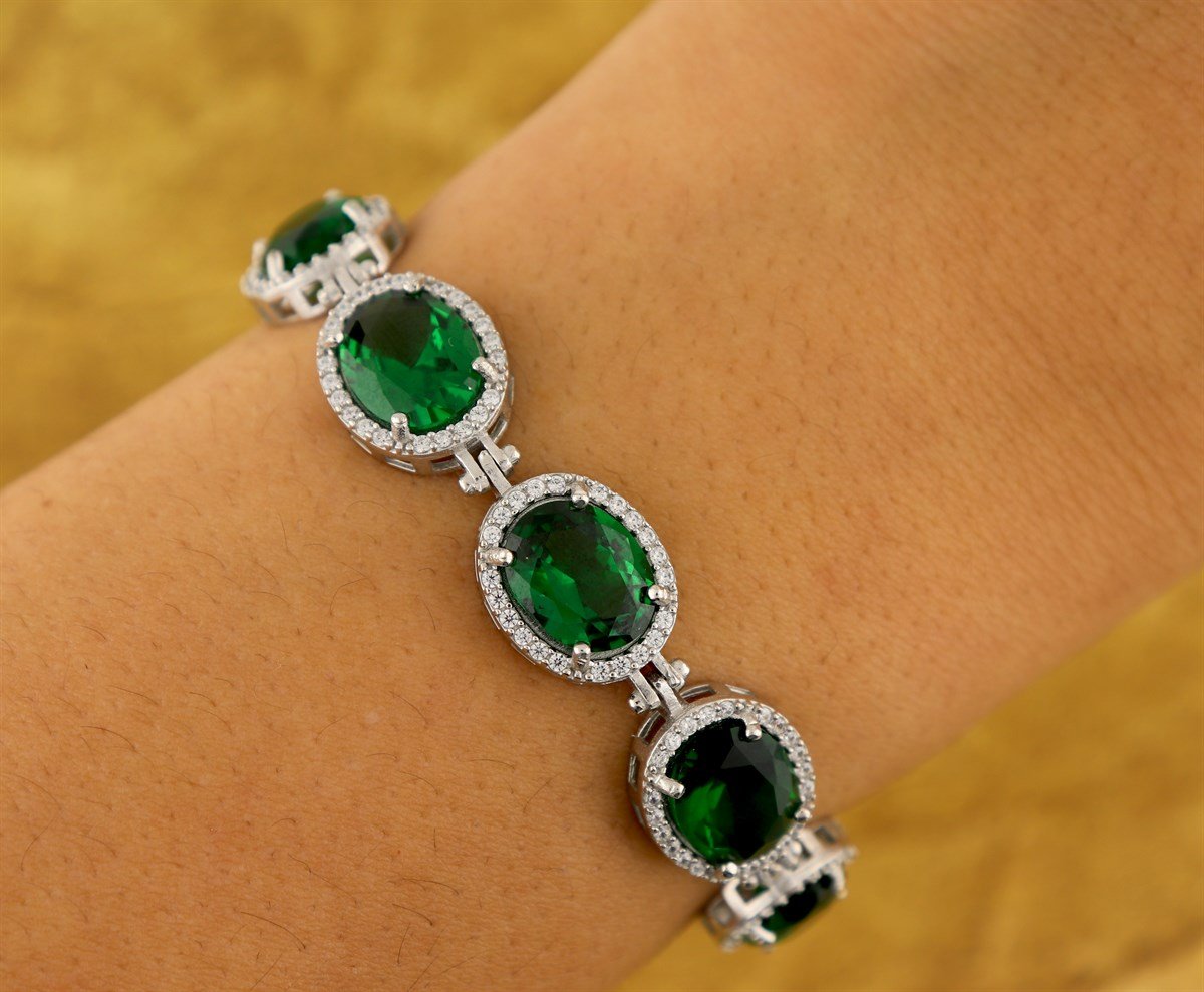 925 Ayar Gümüş Zümrüt Oval Taş Bileklik