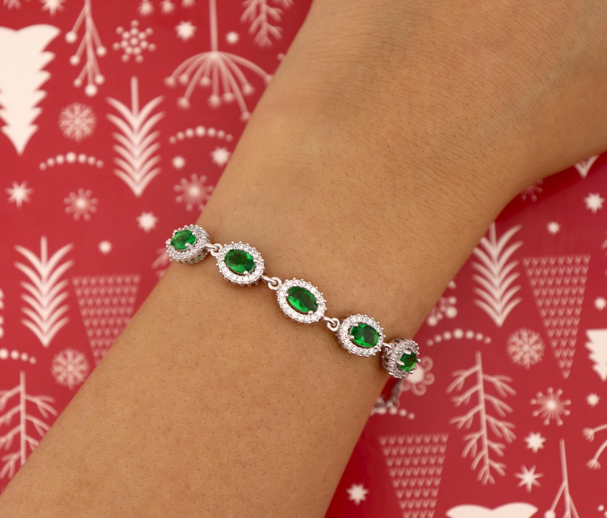 925 Ayar Gümüş Zümrüt Oval Taşlı Anturaj Bileklik