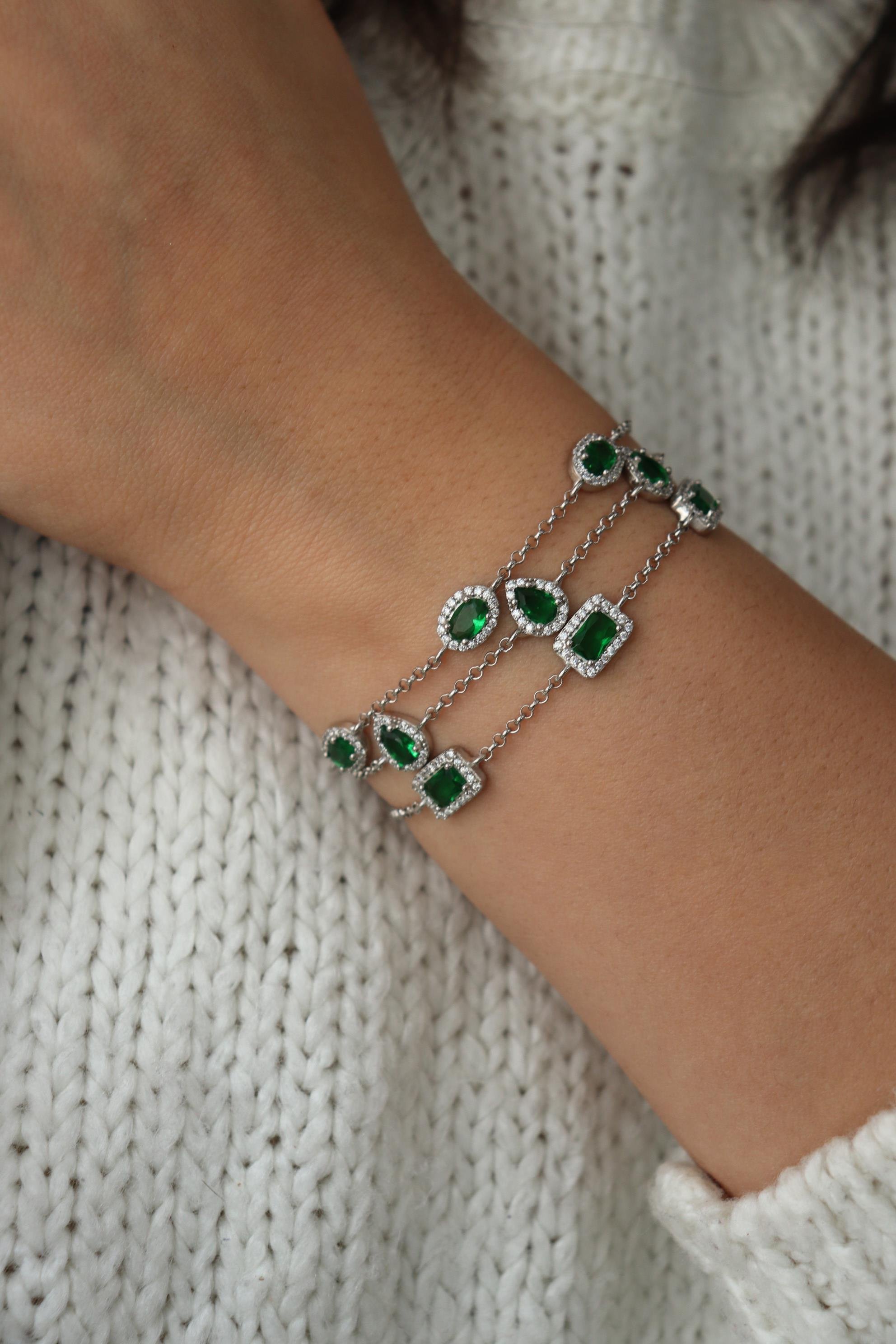 925 Ayar Gümüş Zümrüt Oval Taşlı Bileklik