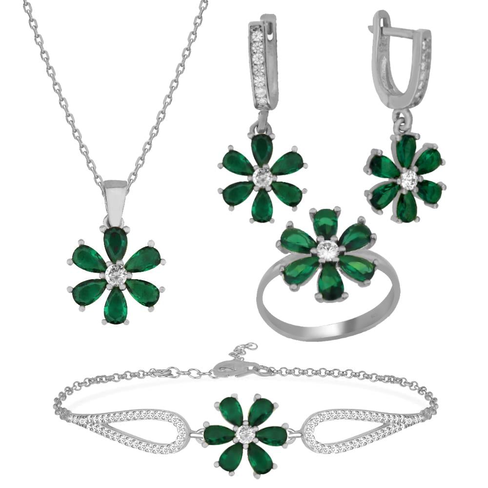 925 Ayar Gümüş Zümrüt Taşlı Çiçek Takı Seti