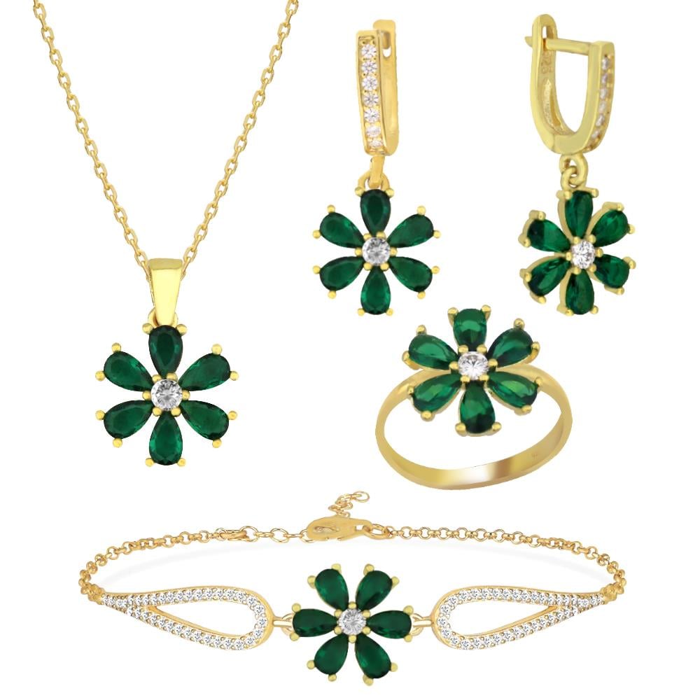 925 Ayar Gümüş Zümrüt Taşlı Çiçek Takı Seti