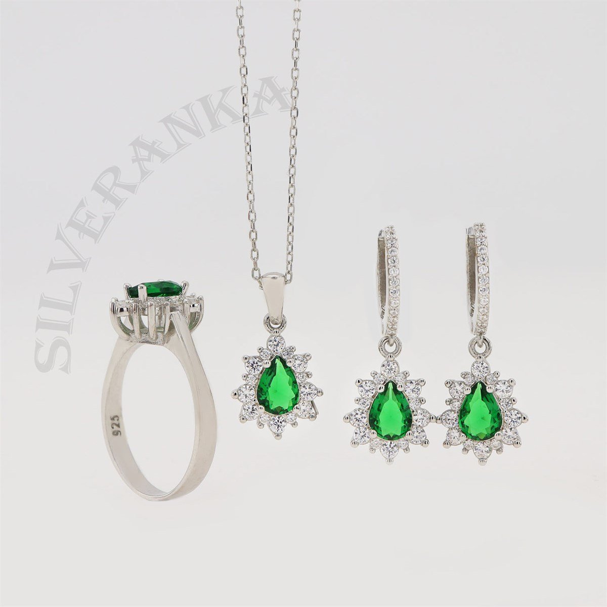 925 Ayar Gümüş Zümrüt Yeşil Damla Anturaj Set 
