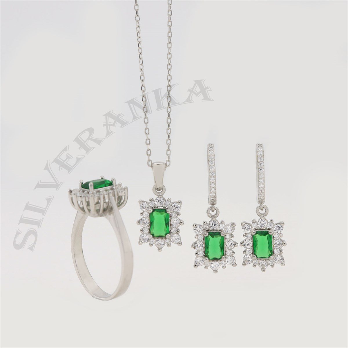 925 Ayar Gümüş Zümrüt Yeşili Baget Anturaj Set