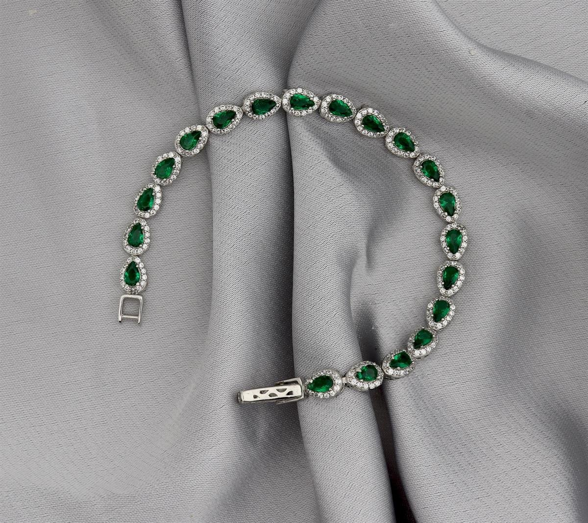 925 Ayar Gümüş Zümrüt Yeşili Damla Su Yolu Bileklik