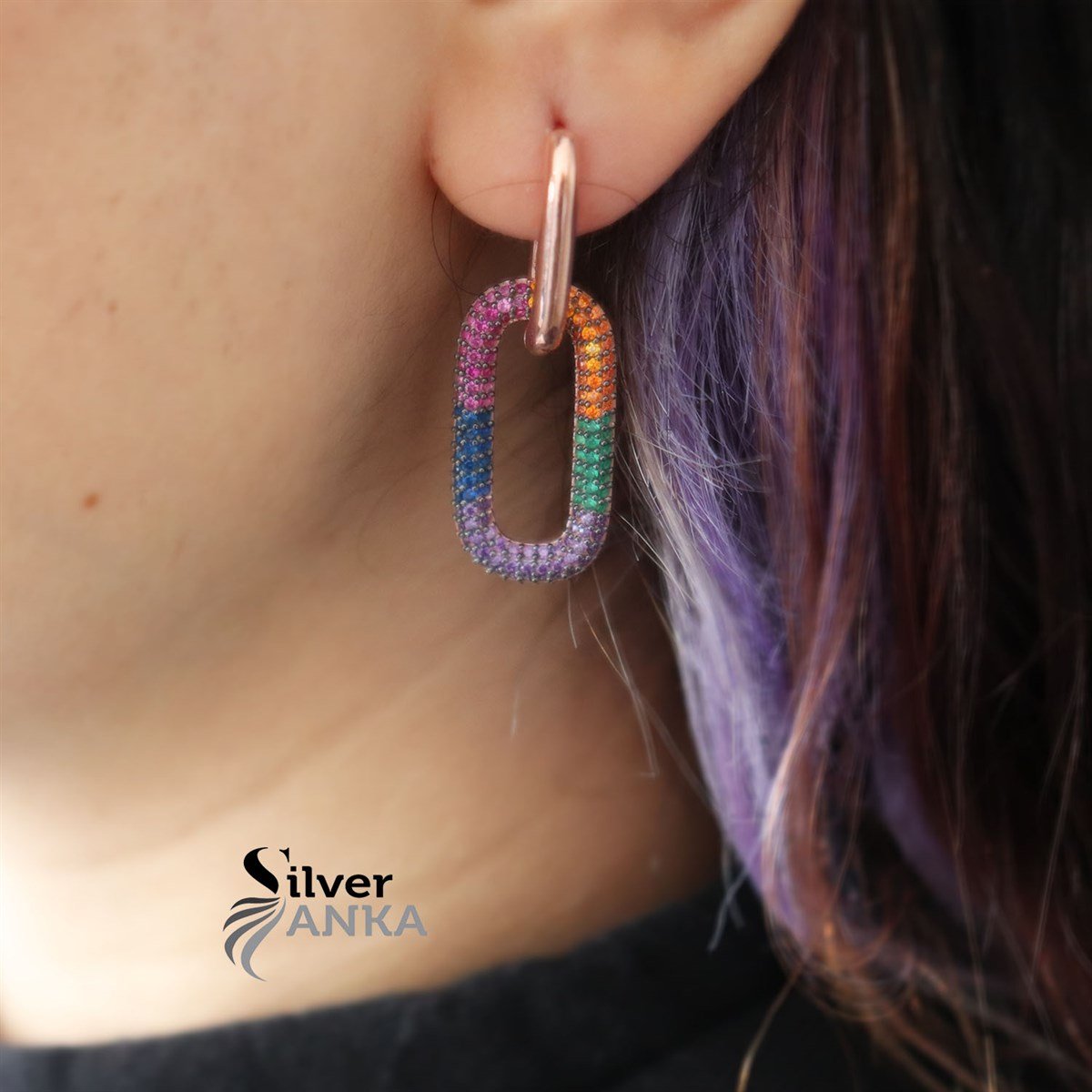 925 Ayar Zirkon Mix Taşlı Oval Küpe