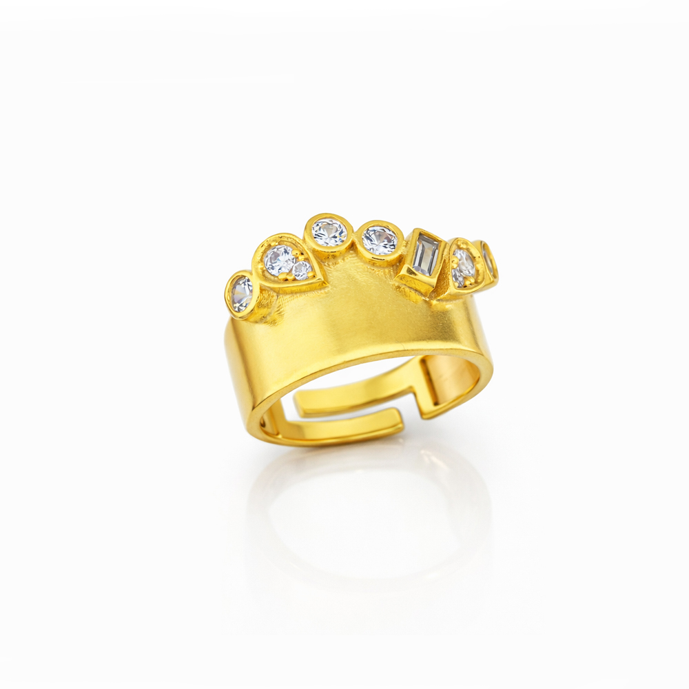 Altın Kaplama Bezel Taş Detaylı Gold Şerit Yüzük