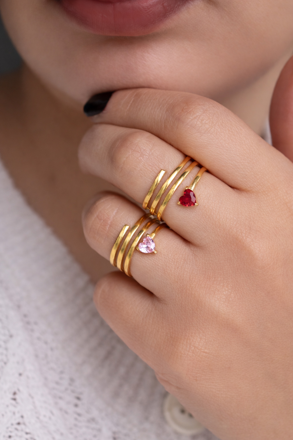 Altın Kaplama Pembe Kalp Taşlı Spiral Yüzük