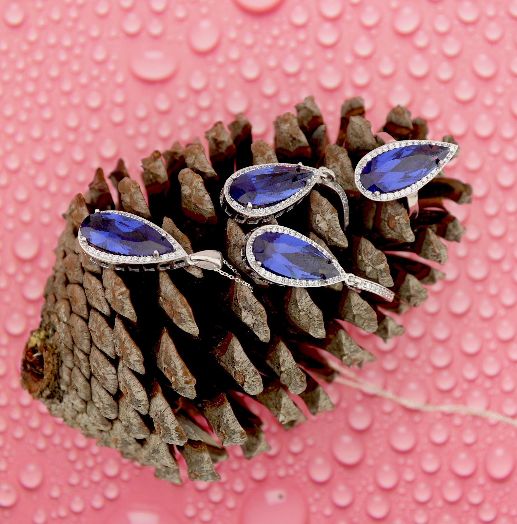 Tanzanite Taşlı Zarif Trend Set 925 Ayar Gümüş Takı