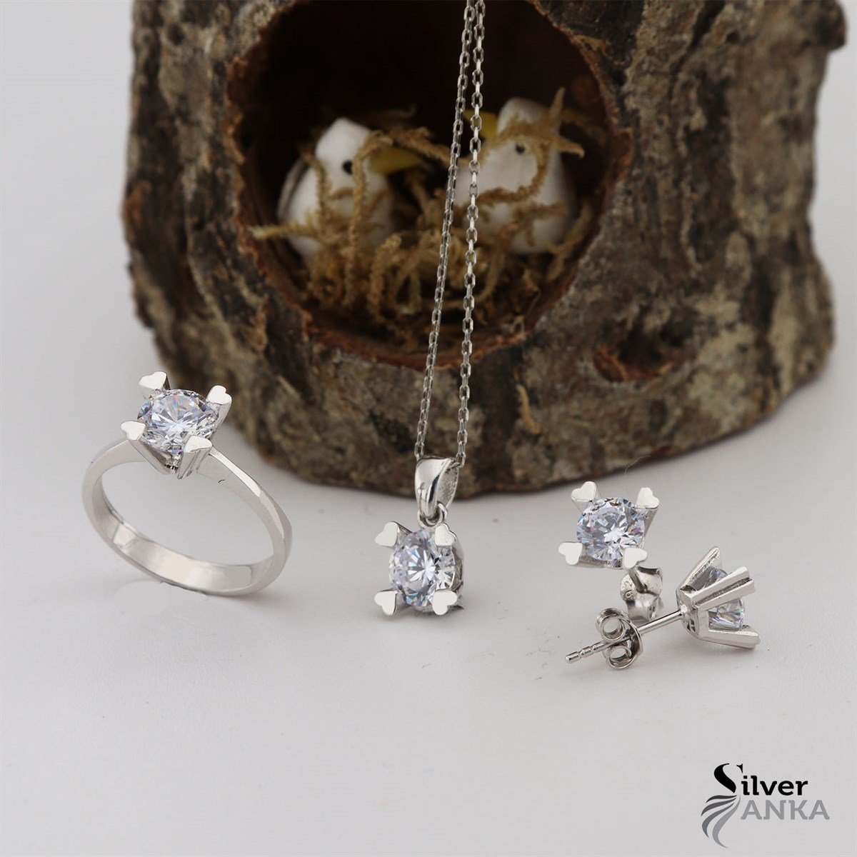 Zirkon Taşlı 925 Ayar Kalp Desen Tek Taş Set