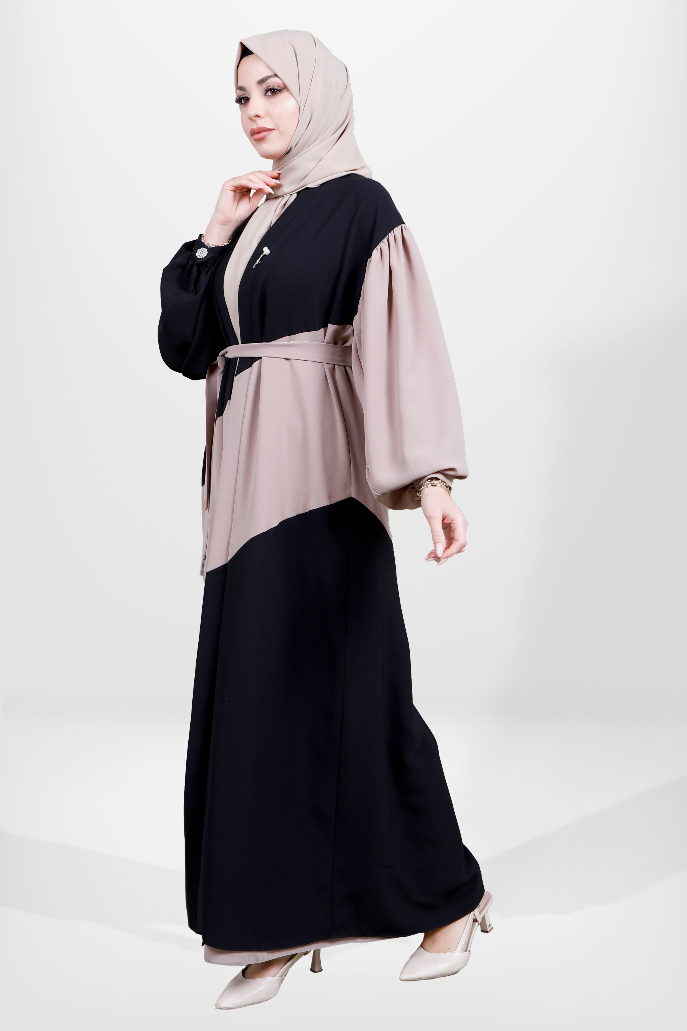 Beyza-3879 ABAYA TAKIM SİYAH/BEJ