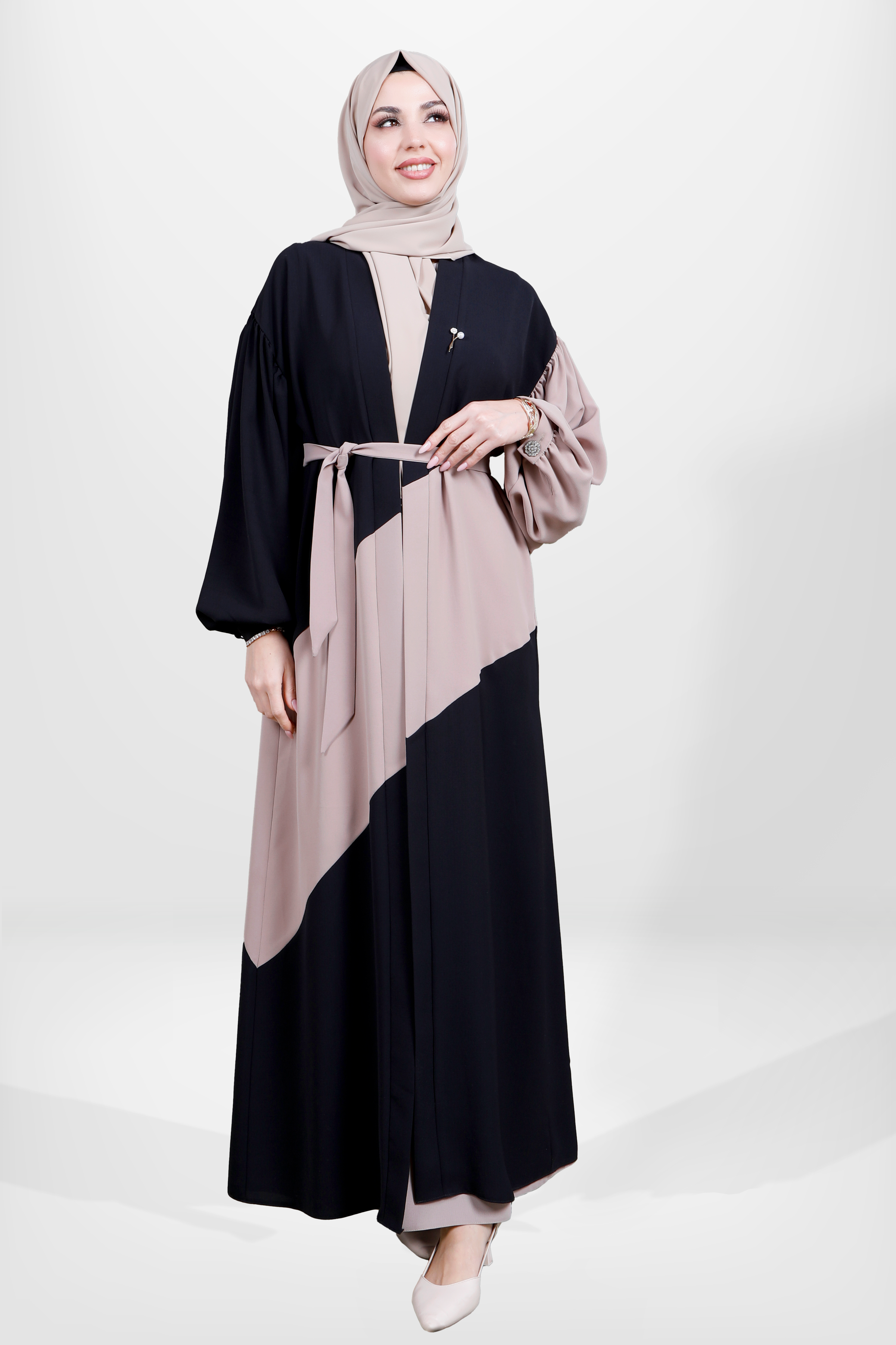 Beyza-3879 ABAYA TAKIM SİYAH/BEJ