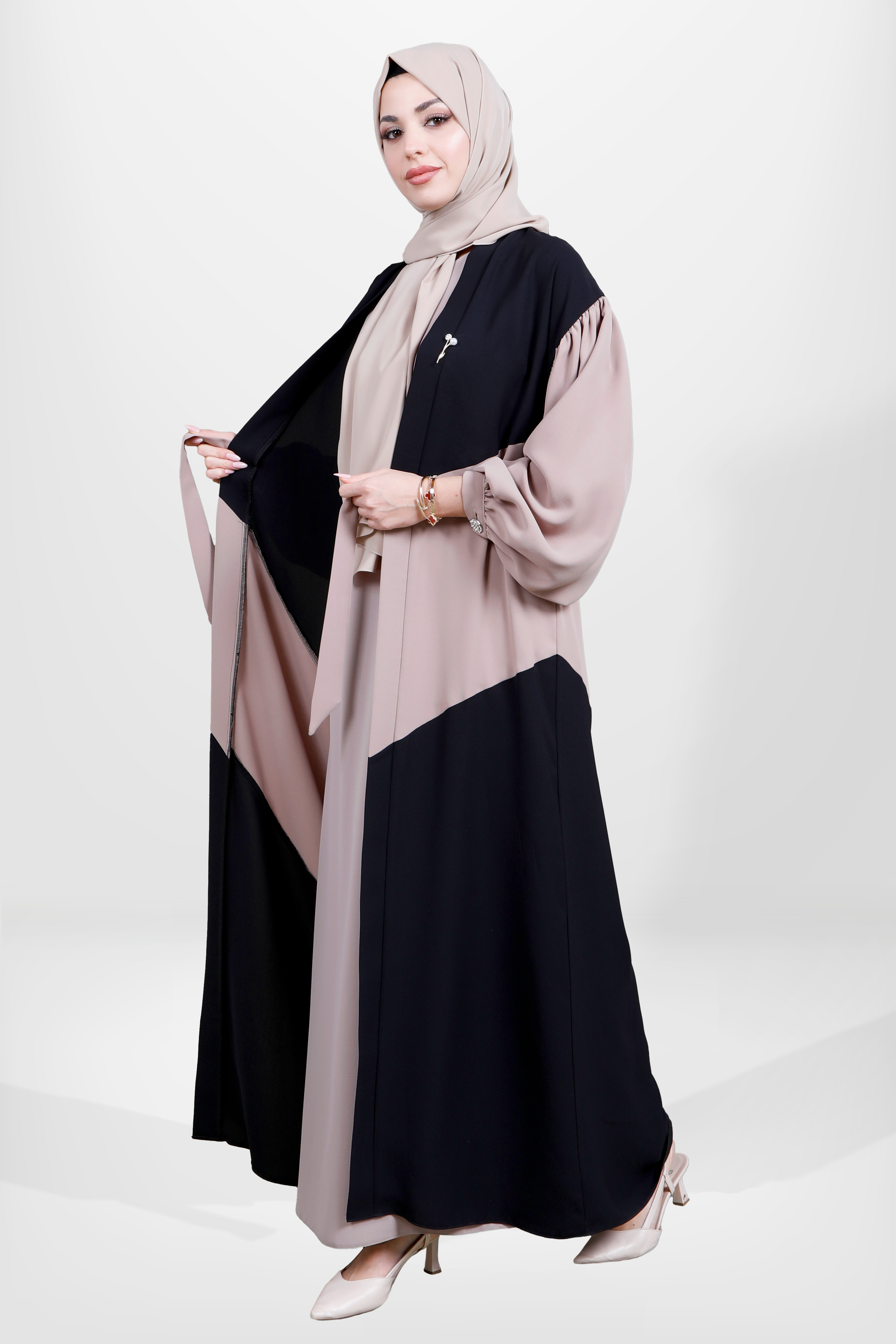 Beyza-3879 ABAYA TAKIM SİYAH/BEJ