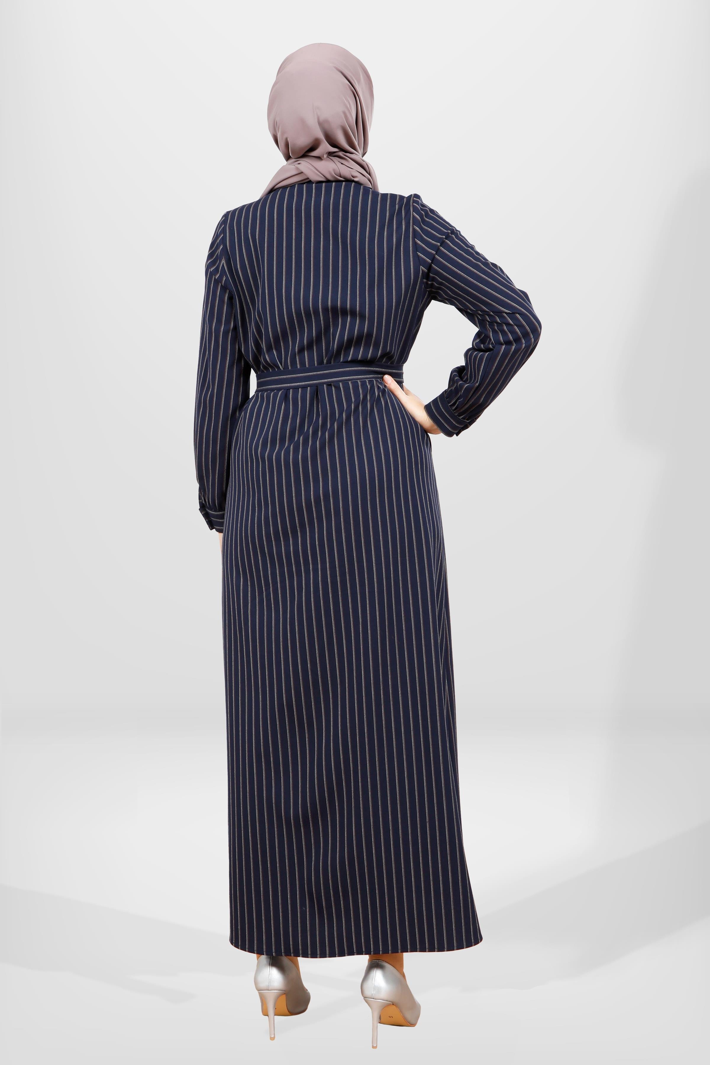 Beyza-5559 ELBİSE LACİVERT ÇİZGİLİ