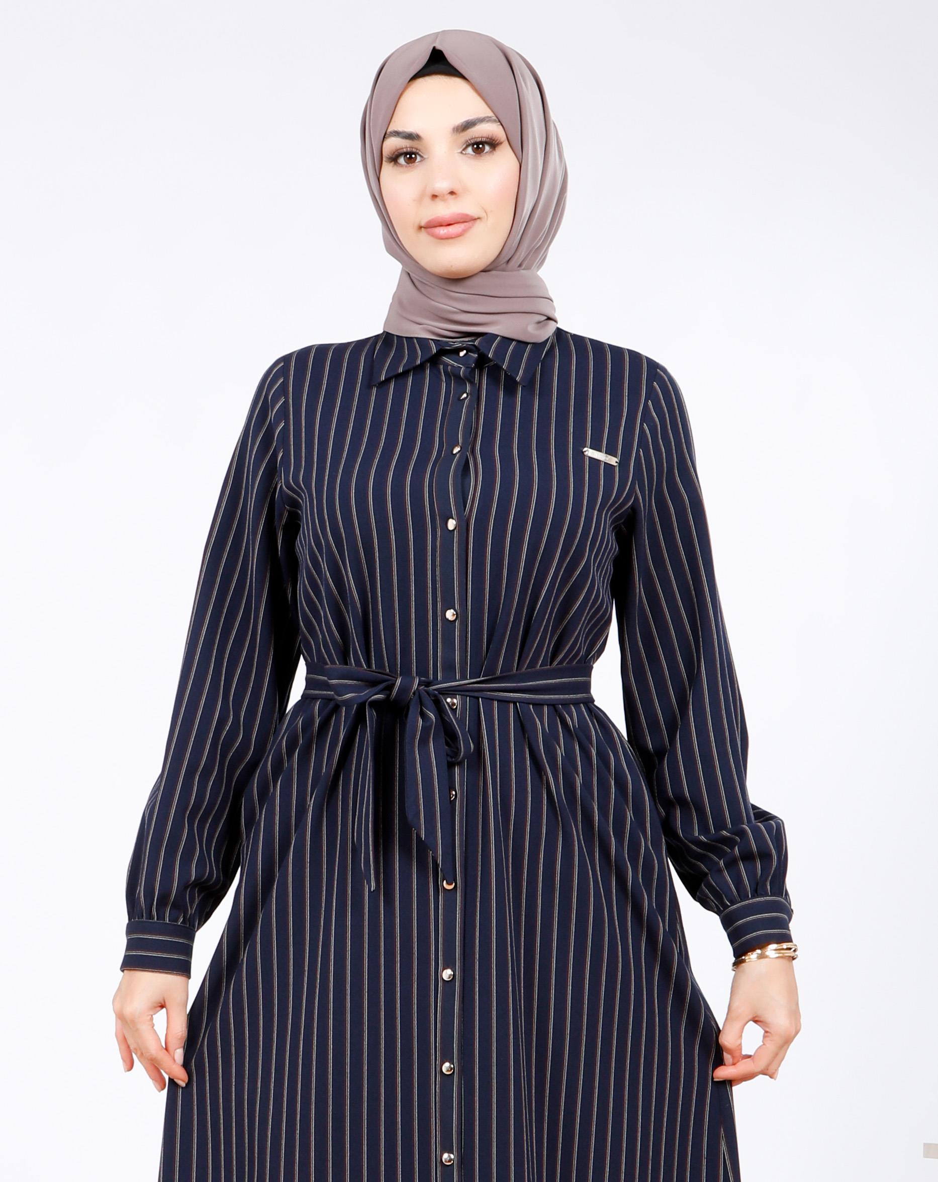 Beyza-5559 ELBİSE LACİVERT ÇİZGİLİ