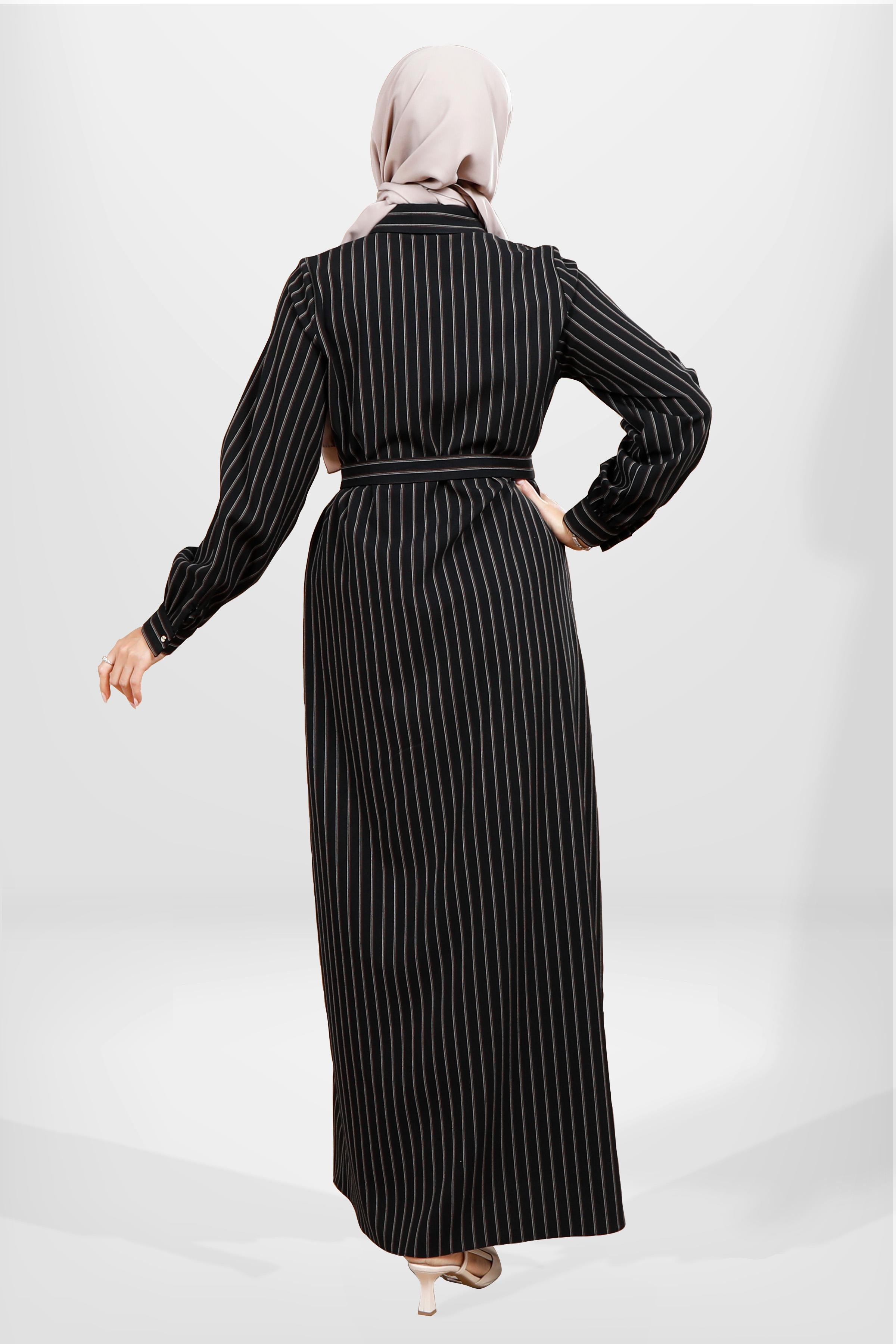 Beyza-5559 ELBİSE SİYAH ÇİZGİLİ