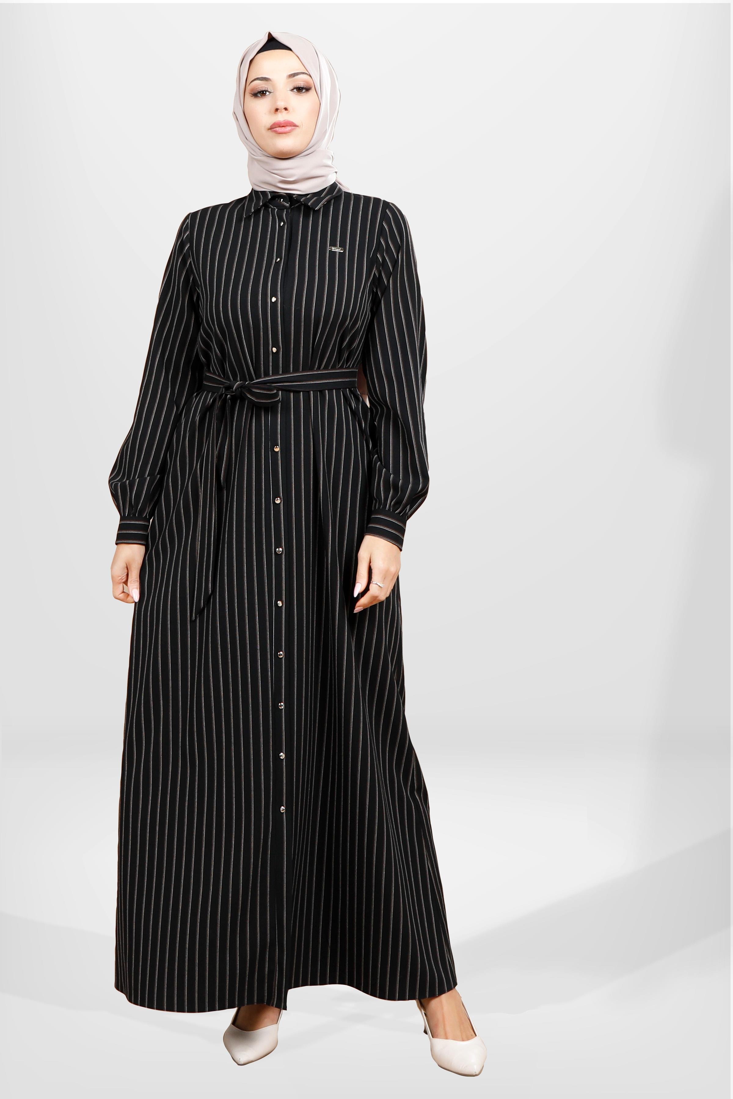 Beyza-5559 ELBİSE SİYAH ÇİZGİLİ