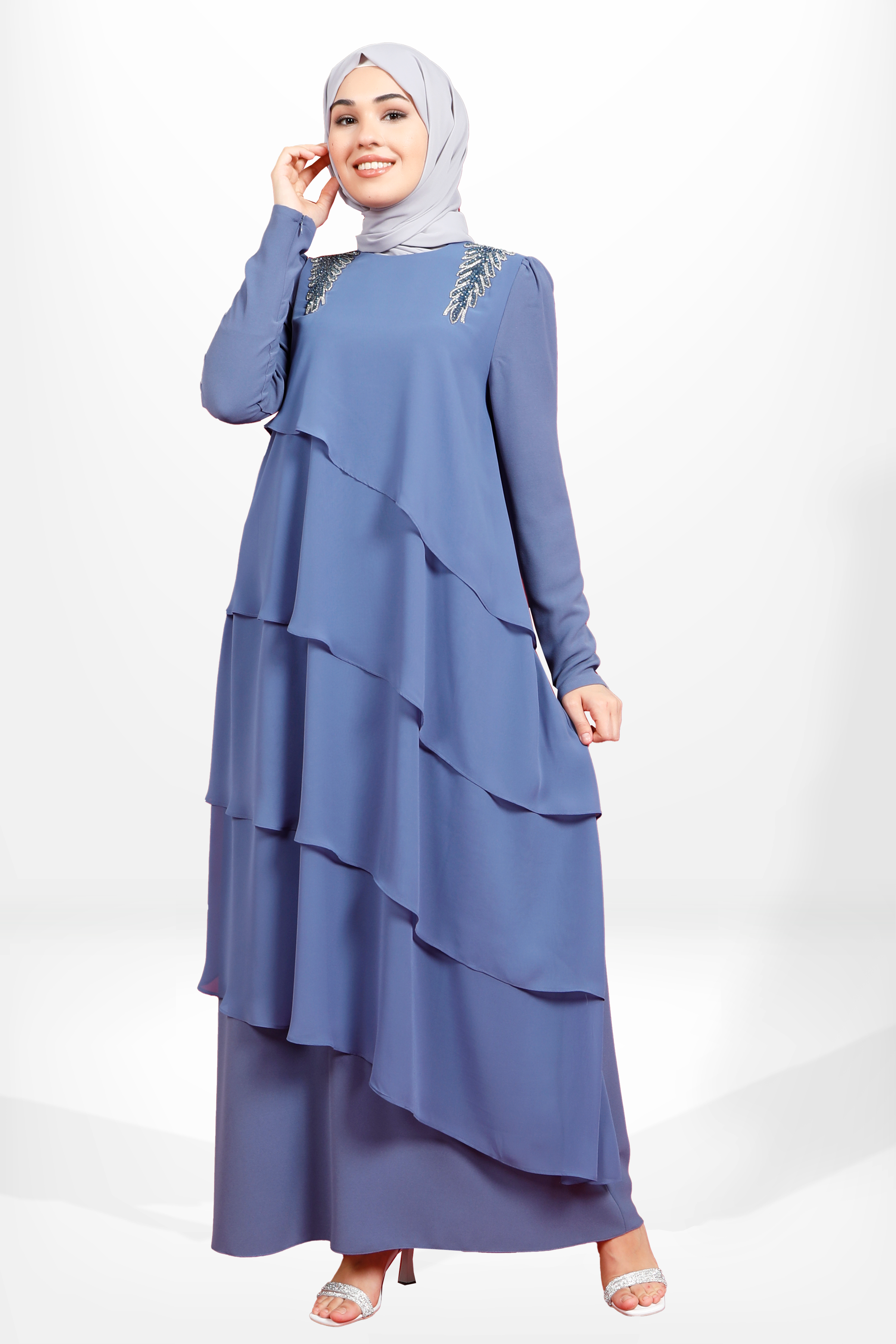 Beyza-5589 ELBİSE VOLANLI İNDİGO