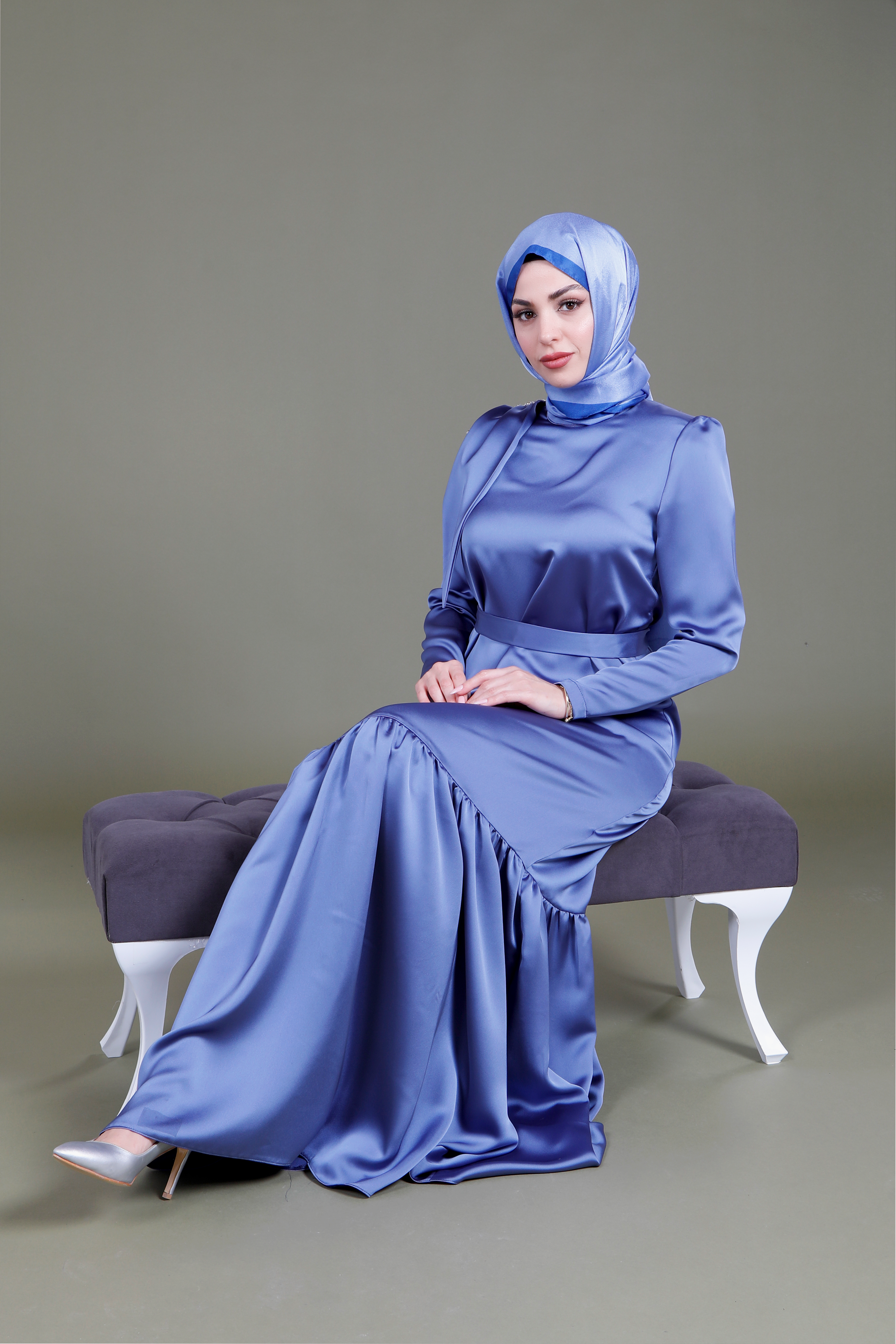 Beyza-5591 ELBİSE SATEN İNDİGO