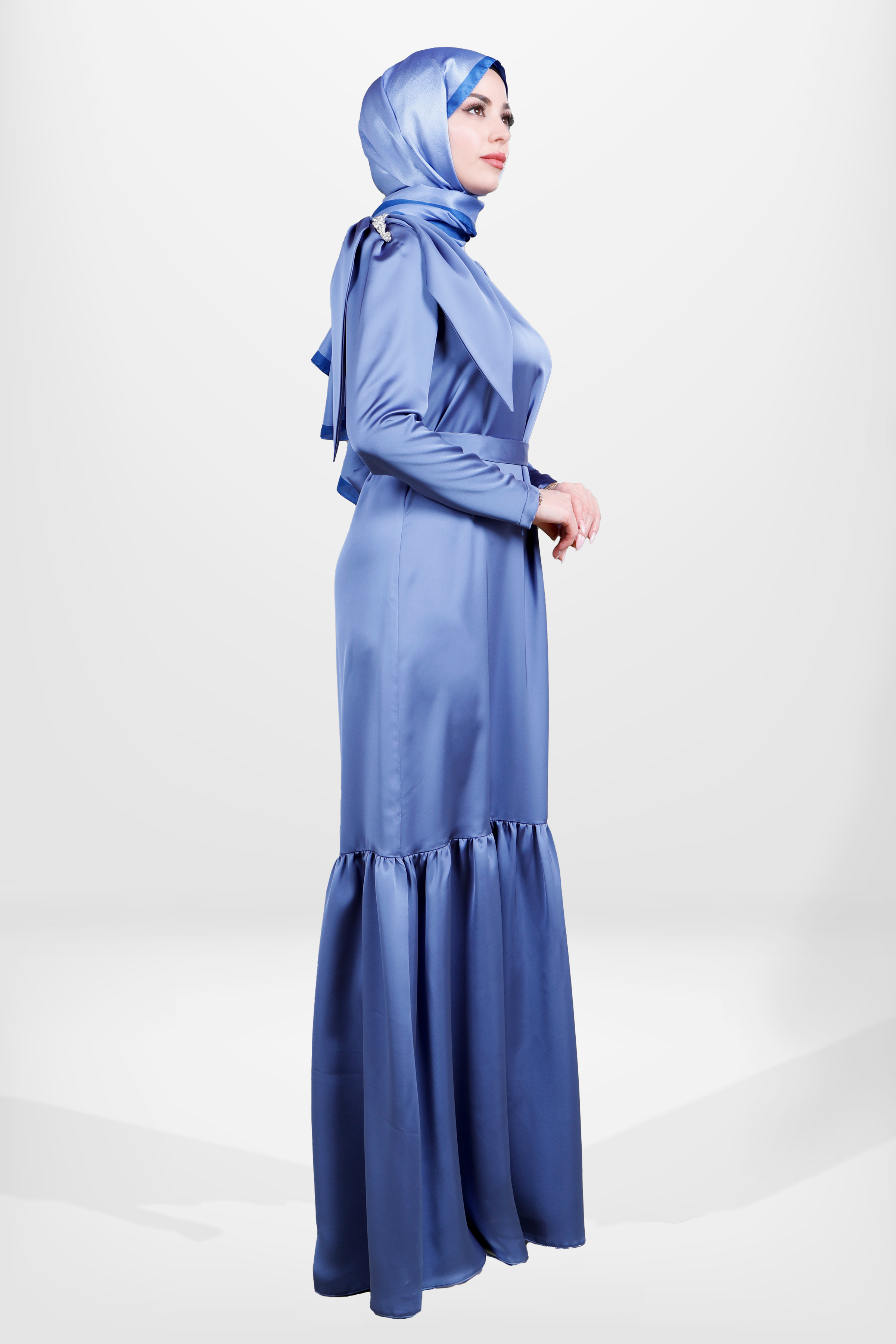 Beyza-5591 ELBİSE SATEN İNDİGO