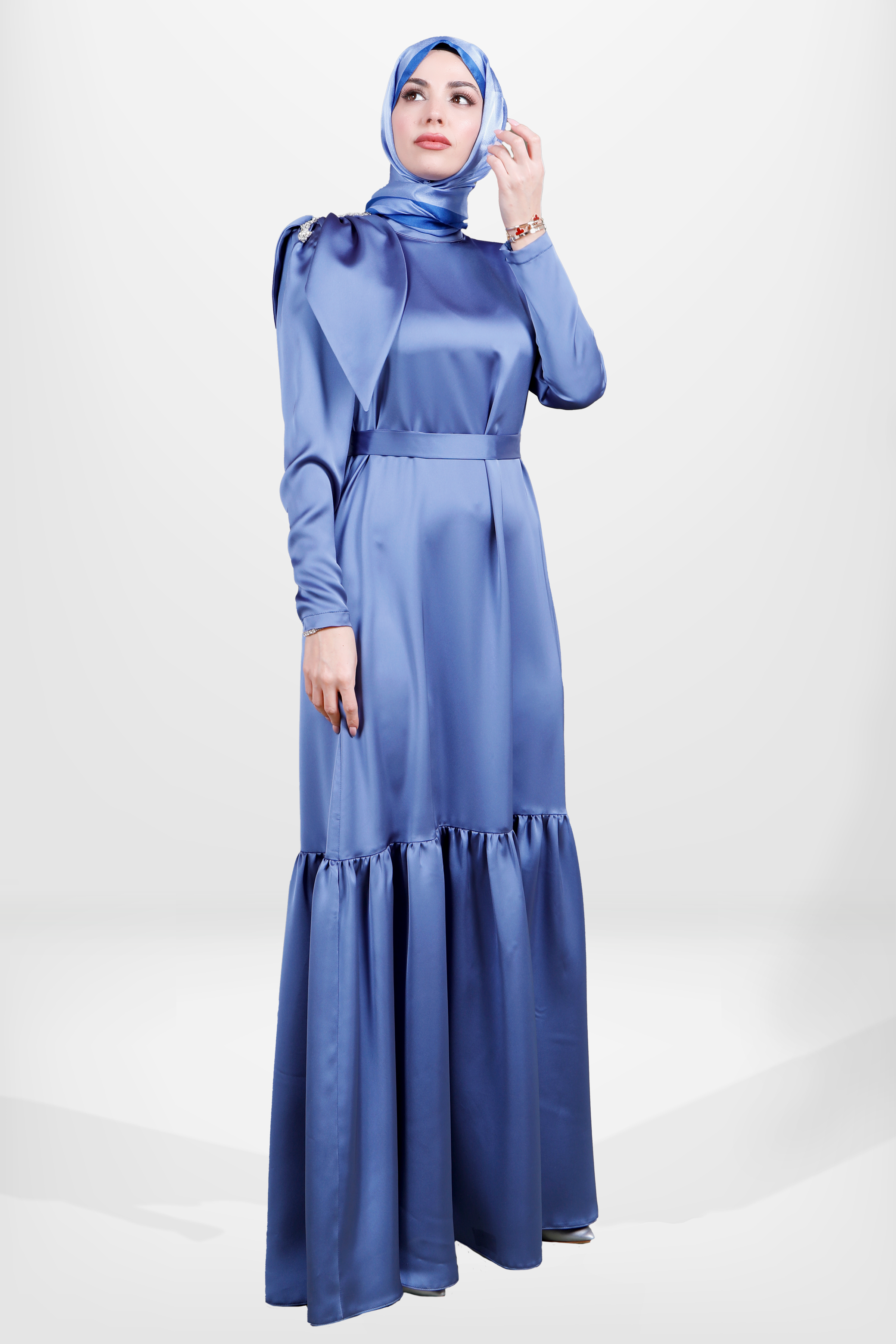 Beyza-5591 ELBİSE SATEN İNDİGO