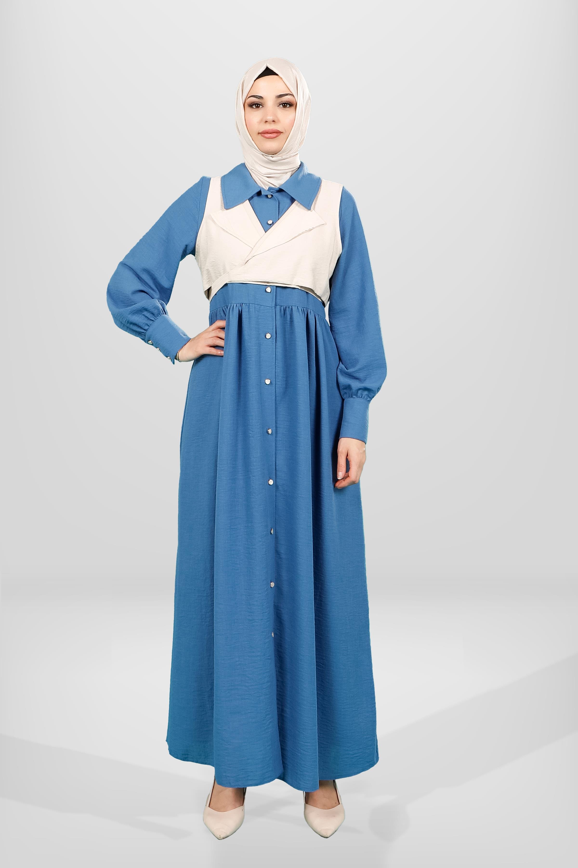 Markasız-5596 ELBİSE SAKS MAVİSİ