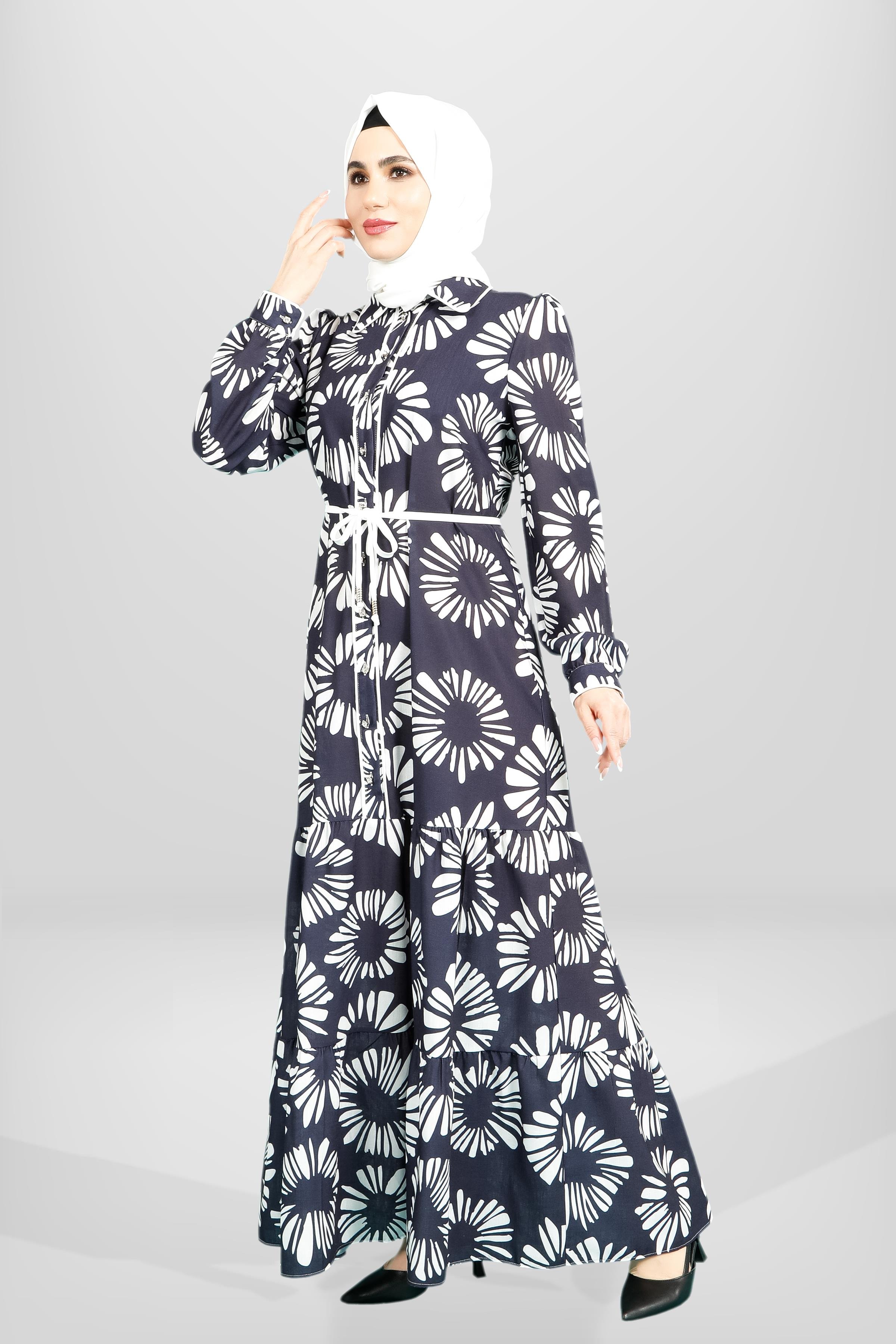 Beyza-5604 ELBİSE DESENLİ SAKS MAVİSİ