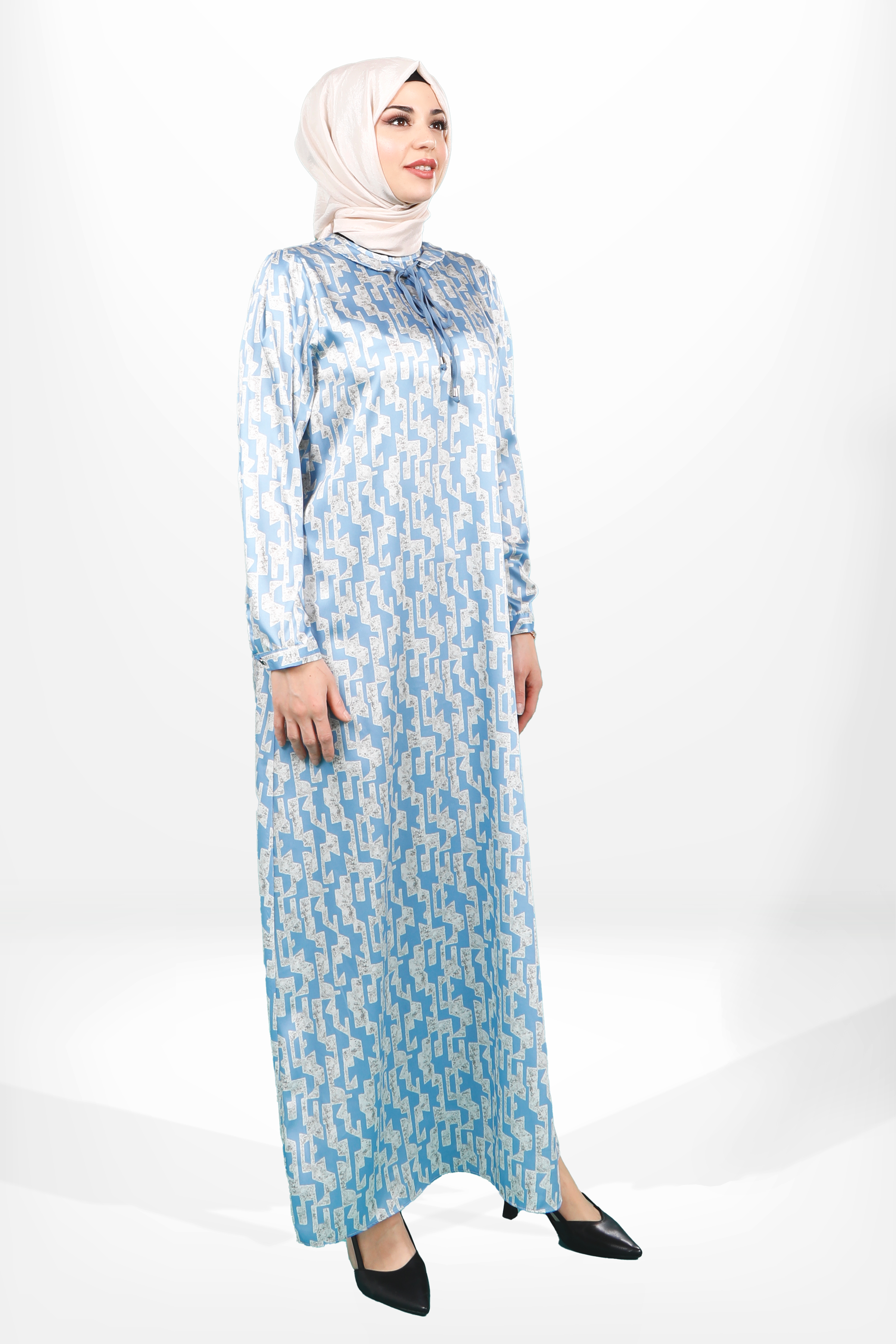 SheFA-5626 ELBİSE KARELİ MAVİ