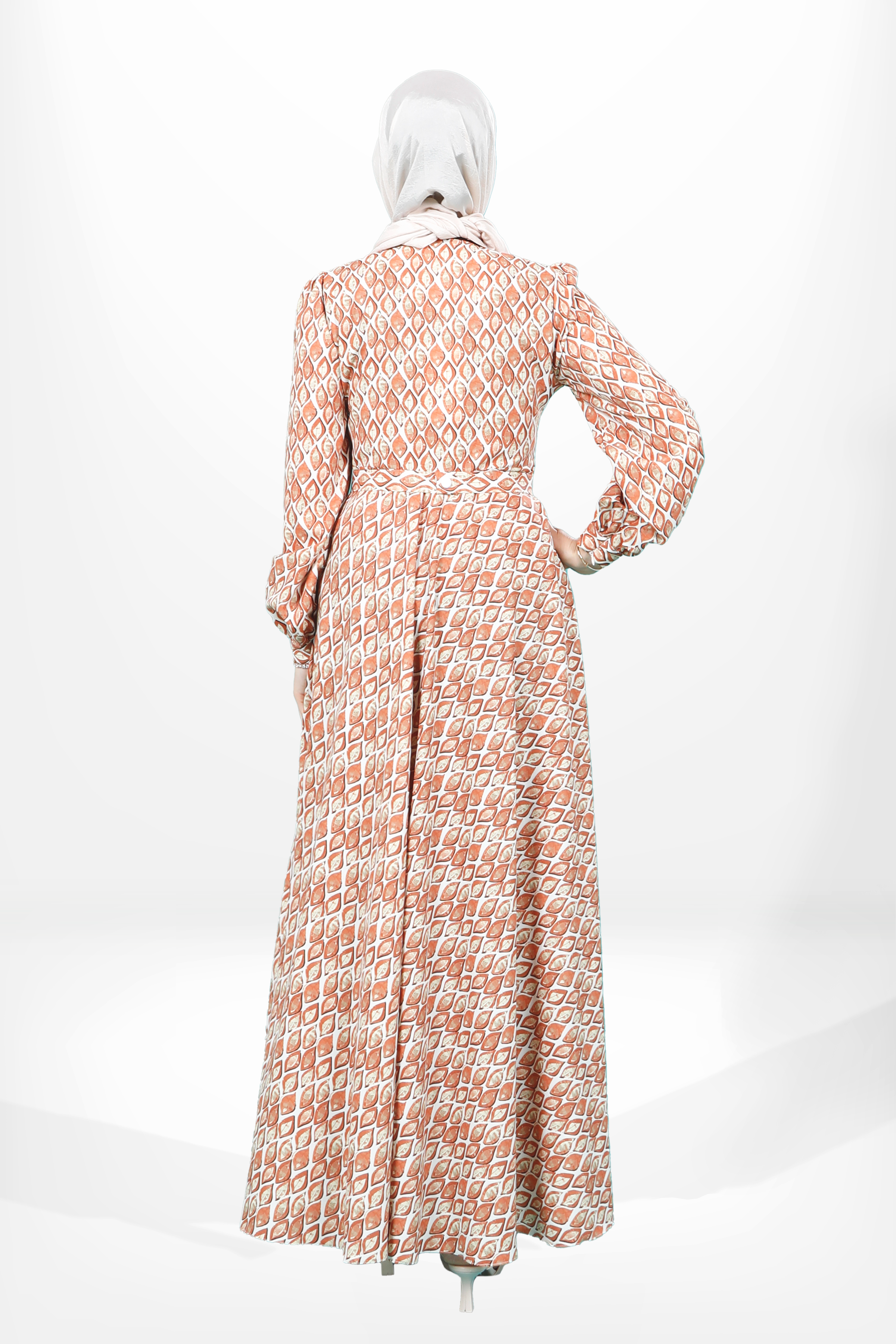 Beyza-5639 ELBİSE KLOŞ DESENLİ KİREMİT