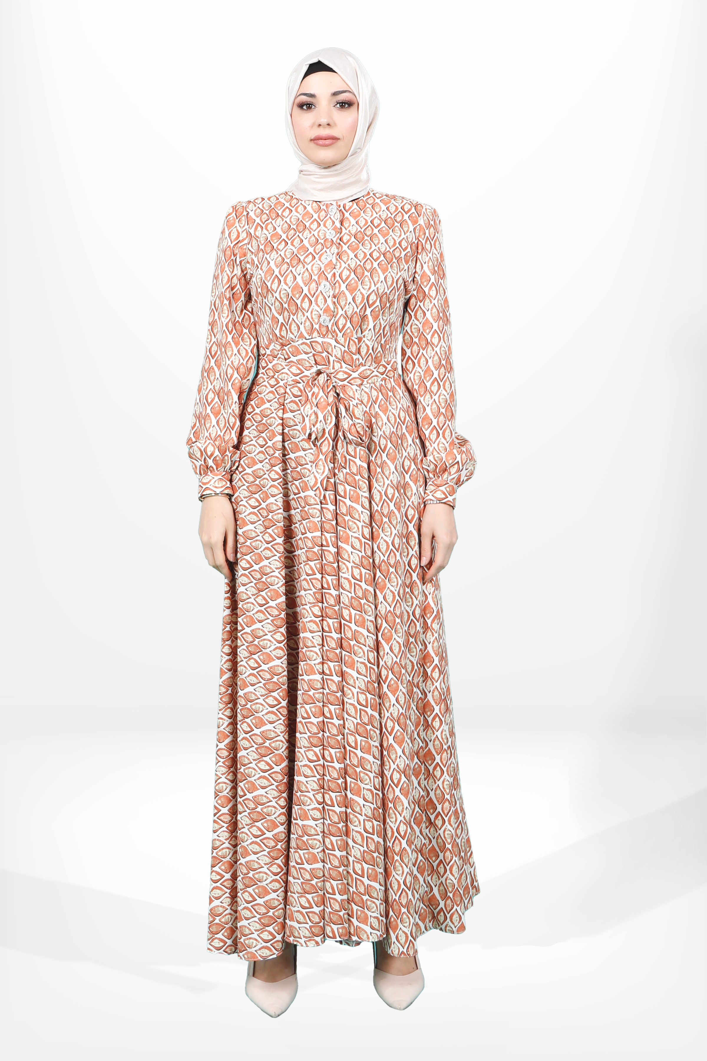 Beyza-5639 ELBİSE KLOŞ DESENLİ KİREMİT