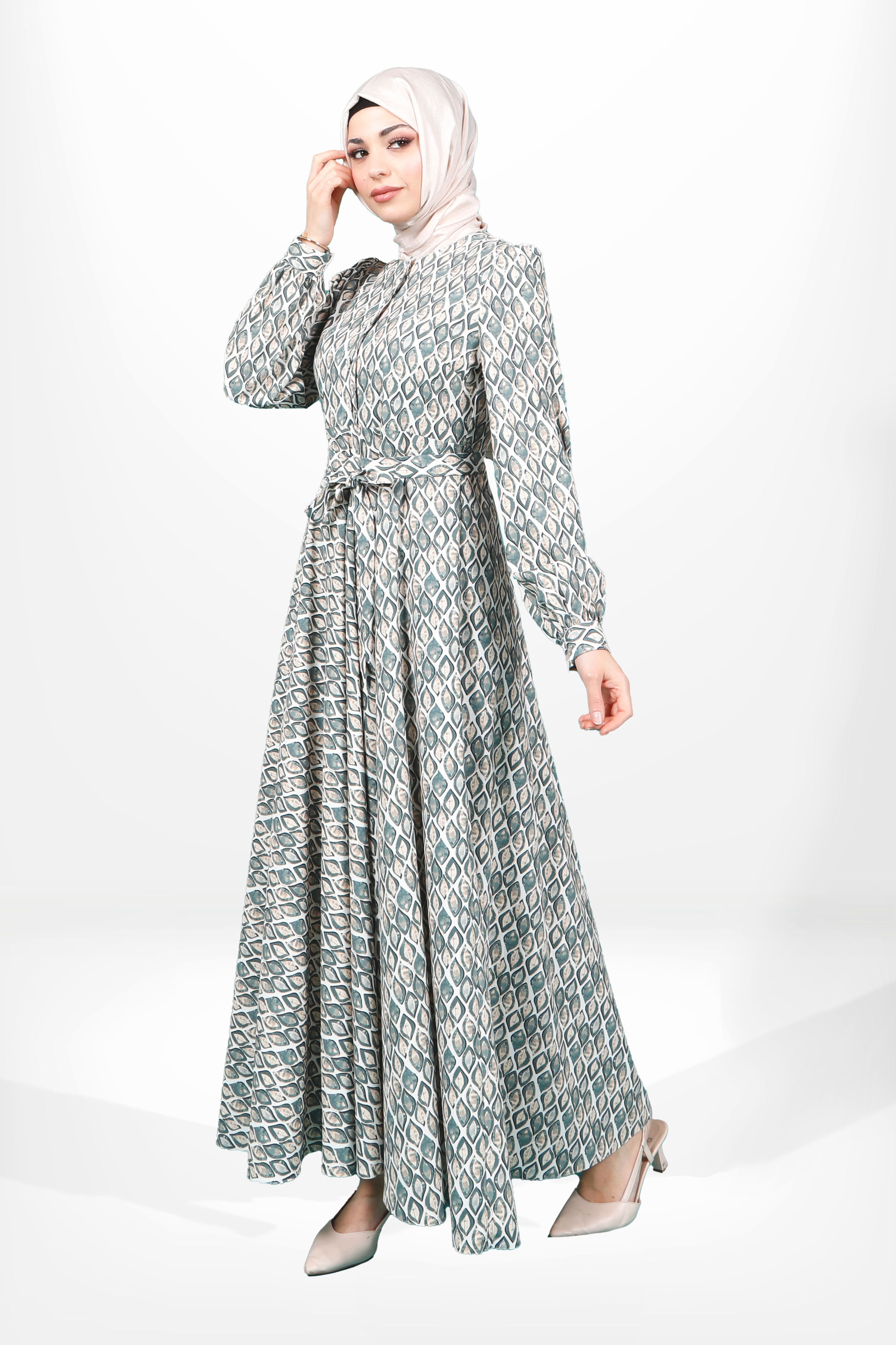 Beyza-5639 ELBİSE KLOŞ DESENLİ YEŞİL