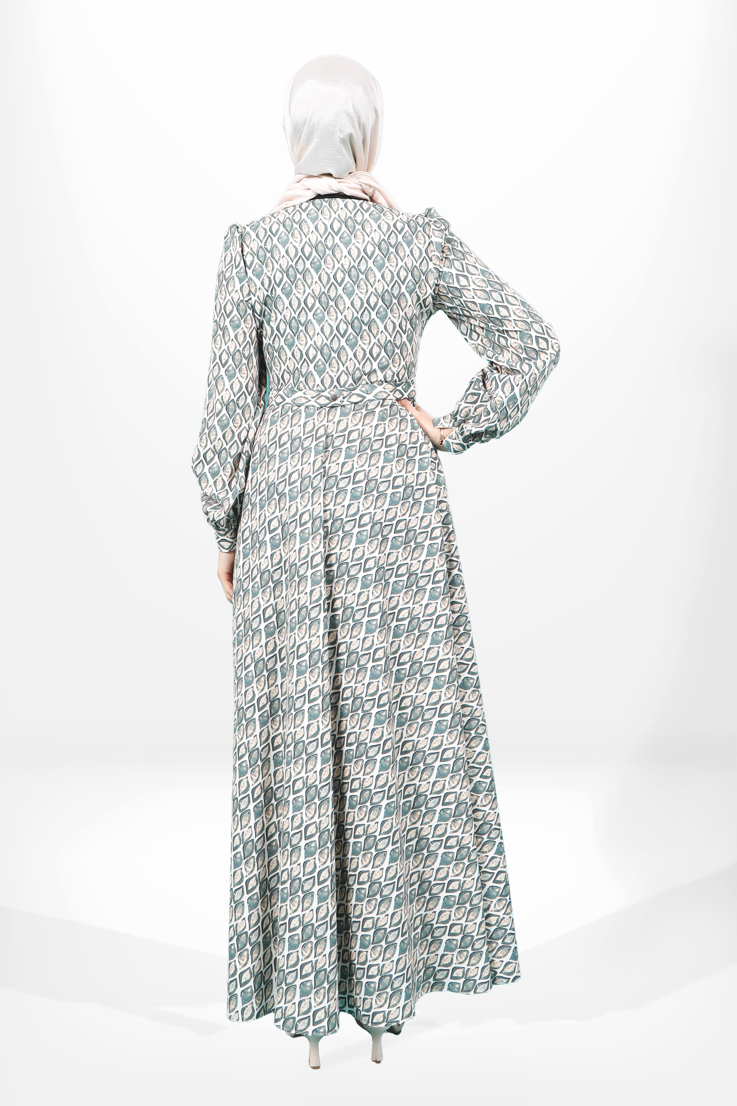 Beyza-5639 ELBİSE KLOŞ DESENLİ YEŞİL