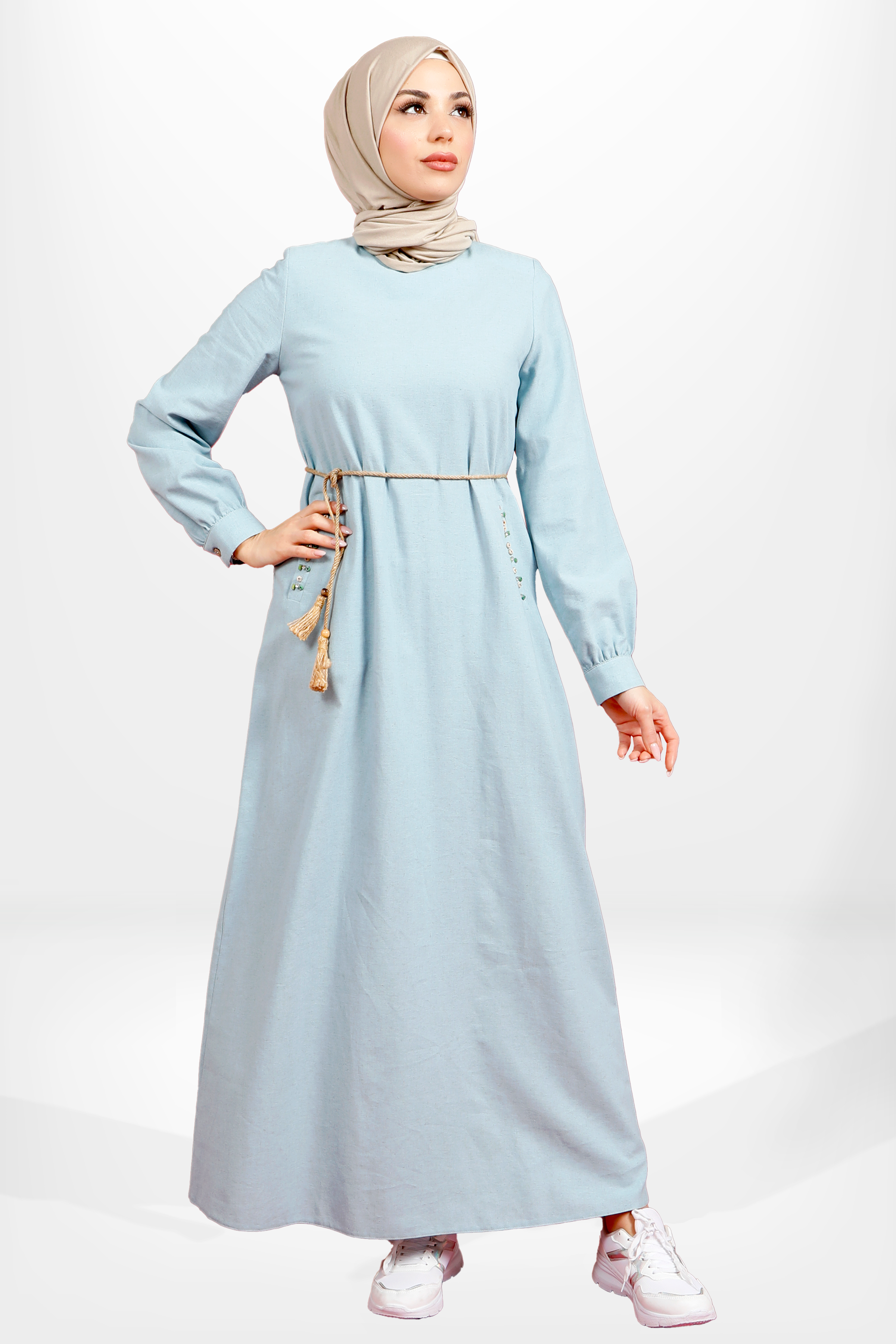 Beyza-5653 ELBİSE KETEN BEBE MAVİ